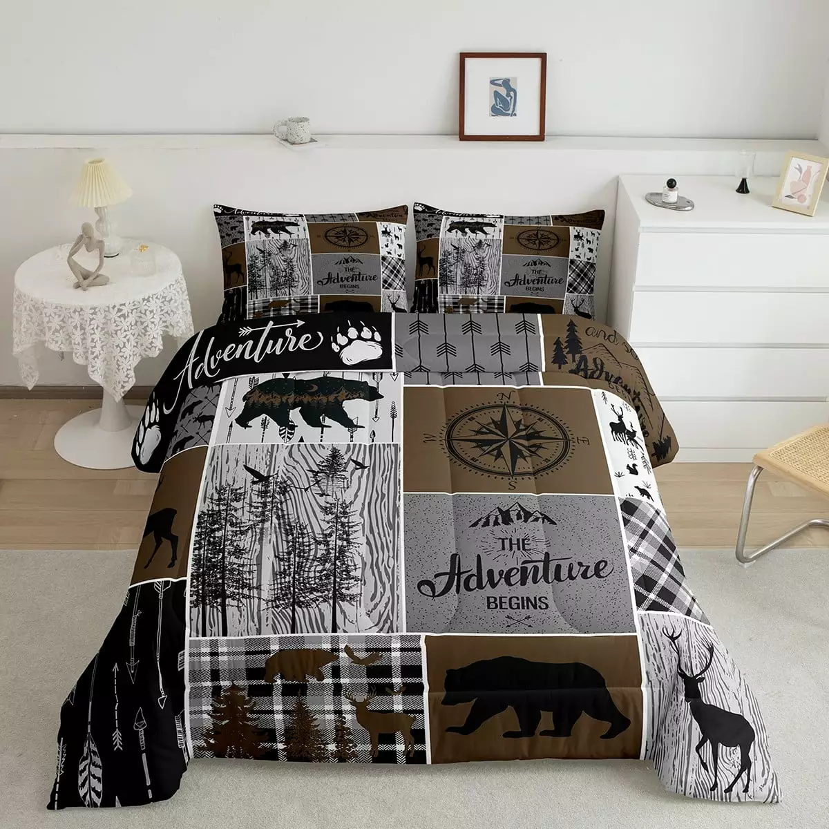 YST Rustic Patchwork Twin Comforter Set For Boys. Retro Country Farmhouse Quilt Cabin Room Decor. Western Deer Bear Bedding Woodland Wildlife Adventure Camping Duvet Insert. Gray Brown