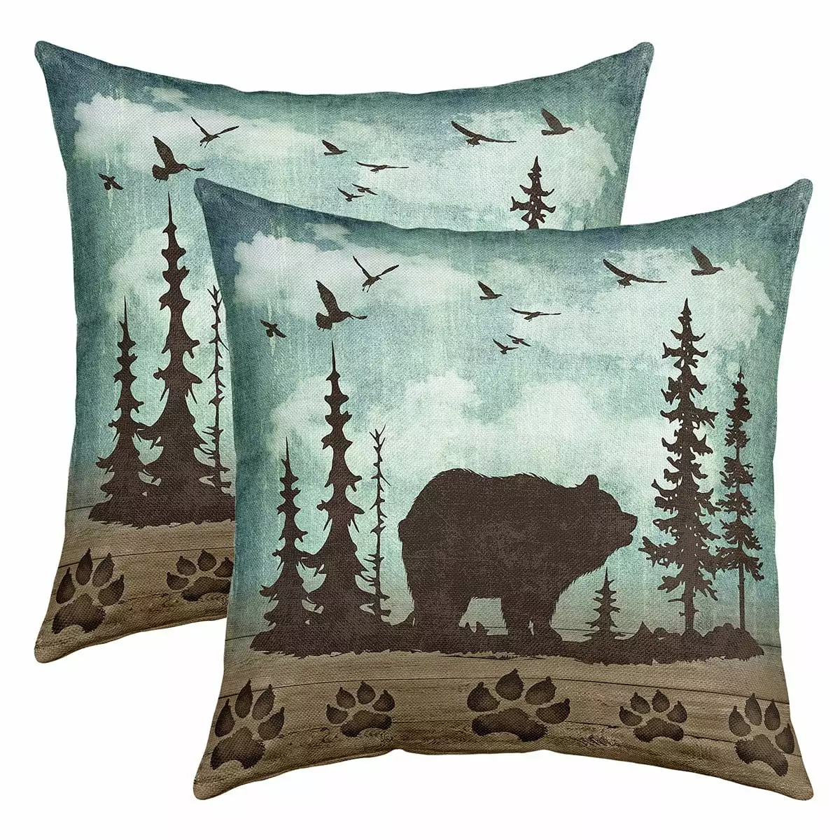 YST Set of 2 Wild Bear Throw Pillow Covers 18x18 Inch Rustic Pine Trees Pillow Covers.Woodland Animals Cushion Covers Retro Brown Lodge Cabin Wildlife Bear Paw Farmhouse Decor