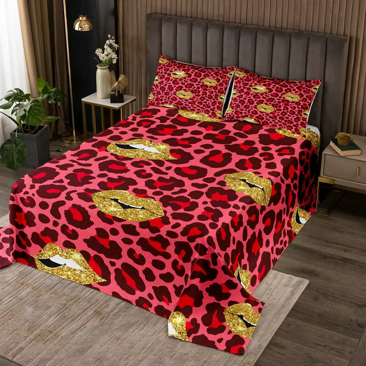 YST Sexy Leopard Lip Print Quilt Set Twin.Red Cheetah Skin Print Bedspread Set for Kids Boys Girls Teens.Girly Sparkle Sequins Mouth Bedding Set.African Safari Animals Coverlet Set