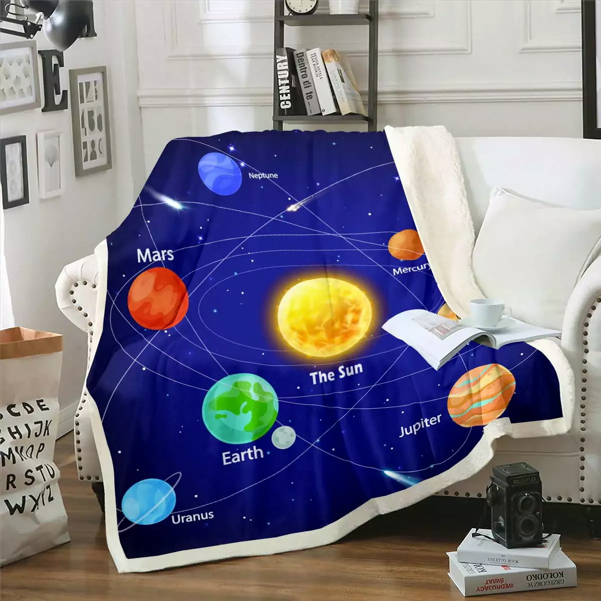 YST Solar System Throw Blanket Galaxy Planet Theme Fleece Blanket Outer Space Fuzzy Blanket for Youth Kids Boys. Childish Cartoon Style Plush Bed Blanket Throw Size. Deep Blue