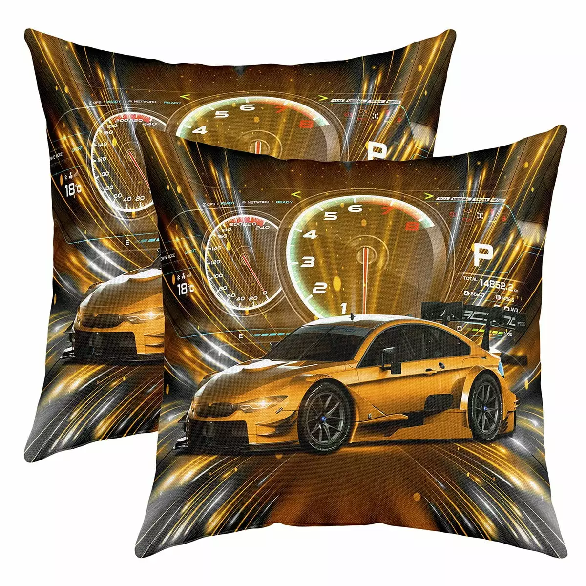 YST Sports Car Throw Pillow Covers Gold Race Car Accent Pillow Cases for Kids Boys Girls Extreme Sports Cushion Covers 18x18 inch set of 2 Size.Cool Speed Racing Car Decor Cushion Cases Soft