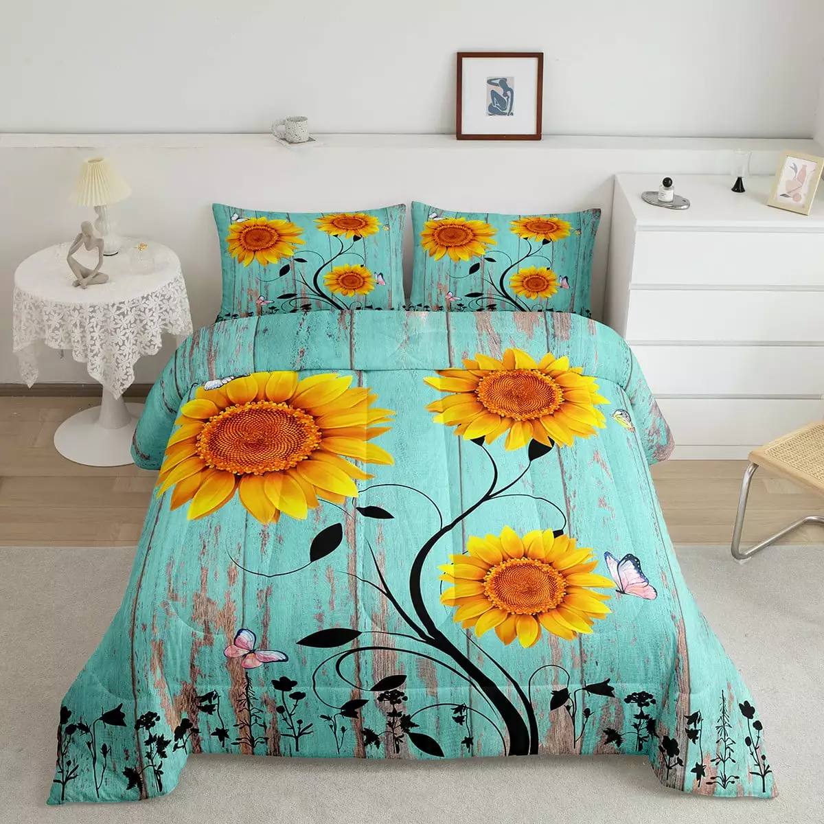 YST Sunflower Twin Bedding Sets for Girls Women.Distressed Blue Wooden Board Comforter Set.Yellow Flowers Butterfly Down Comforter.Country Grunge Farmhouse Duvet Set with 1 Pillow Case