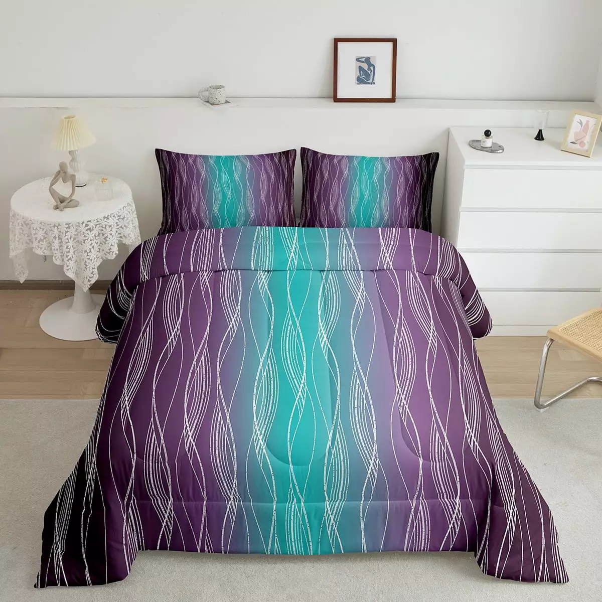 YST Teal And Purple Bedding Sets Twin Aqua Dark Purple Ombre Comforter Set For Kids Girls Women.Abstract Geometric Striped Bedding Comforter Sets Aesthetics Line Bed Set Bedroom Decor