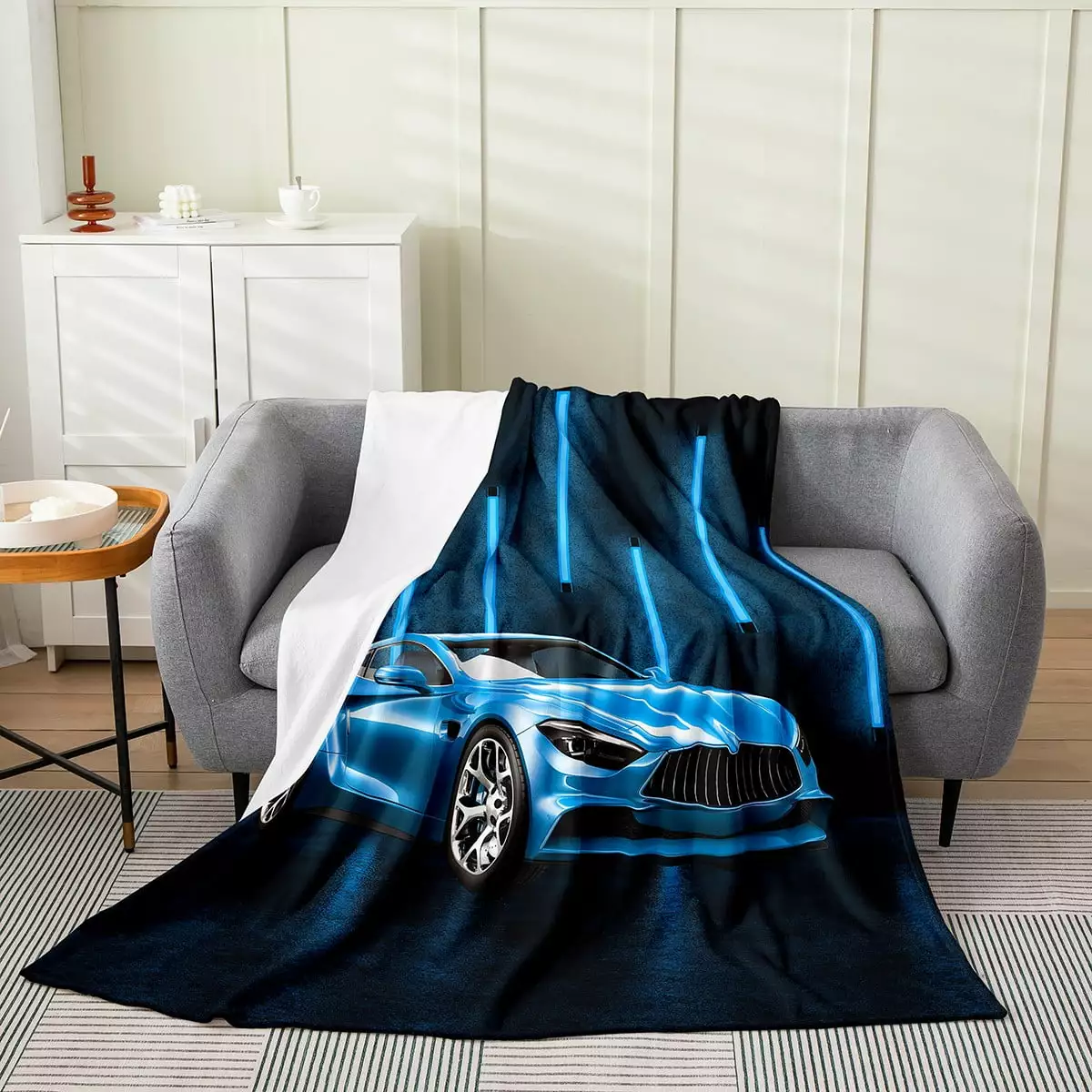 YST Toddler Race Car Throw Blanket Throw 50x60.Boys Neon Lights Sports Car Fuzzy Blanket Extreme Sport Vehicles Fleece Flannel Blanket Speed Racing Car Plush Bed Blanket Soft Warm.Blue