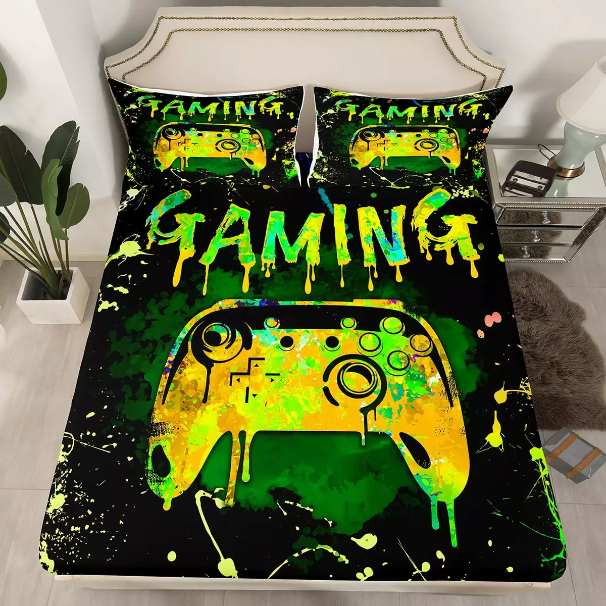 YST Twin Gamer Bedding Sets for Boys Gaming Fitted Sheet for Boys Girls Teens Video Gamer Room Decor.Gamepad Controller Gamer Bed Sheets Black Yellow Green Tie Dye Bed Set