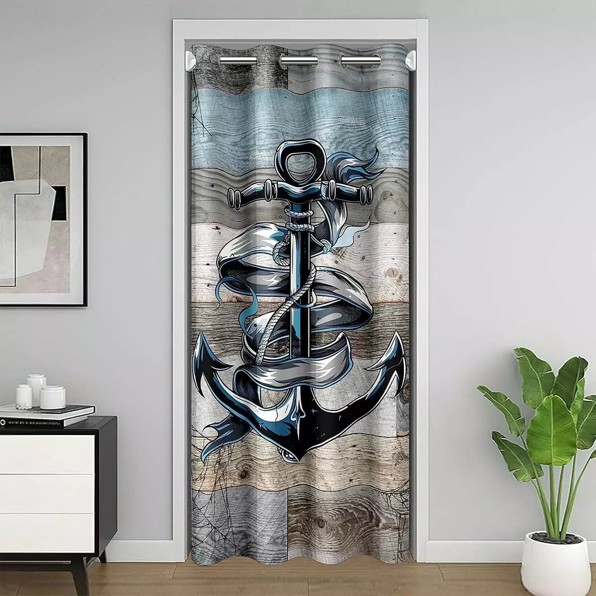 YST Vintage Anchor Door Curtain For Doorway Privacy 34W X 80L.Sea Hunting Blackout Curtain for Man.Retro Grunge Wooden Plank Door Drape.Black Spider Web Room Divider Curtain