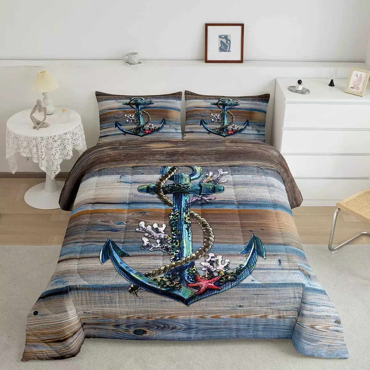 YST Vintage Wooden Barn Plank Comforter Set for Men Women.Romantic Anchor Rope Bedding Set.Tropical Coral Starfish Bedding Comforter Sets.Nautical Ocean Duvet Insert with 1 Pillowcase.Twin