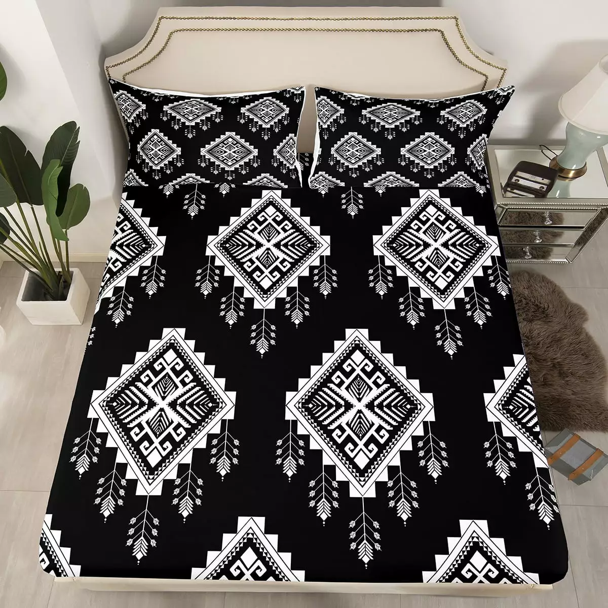 YST Western Aztec Bed Sheets Exotic Mexican Bohemian Bedding Set Black White Boho Aztec Fitted Sheet For Teen Boys Adults Men Geometric Sheets 1 Pillow Case Twin