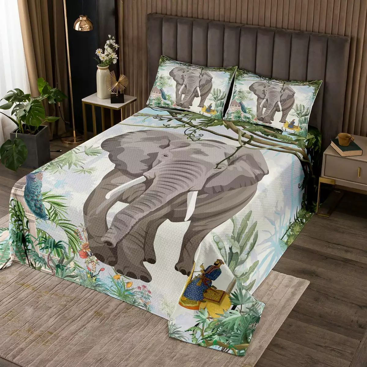 YST Wild Elephant Bedspread Twin Size Tropical Jungle Quilt Set. Green Botanical Plants Coverlet Set Safari Wild Animal Bedding Set. Wildlife Theme Bed Cover Green Gray White