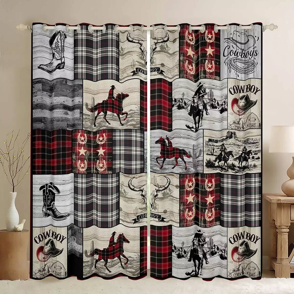 YST Window Curtains Western Cowboy 42Wx63L Curtains Country Farmhouse Plaid Horse Cow Curtains & Drapes American Wild West Window Treatments 2 Panels Red Black Grey Cowboy Room Decor