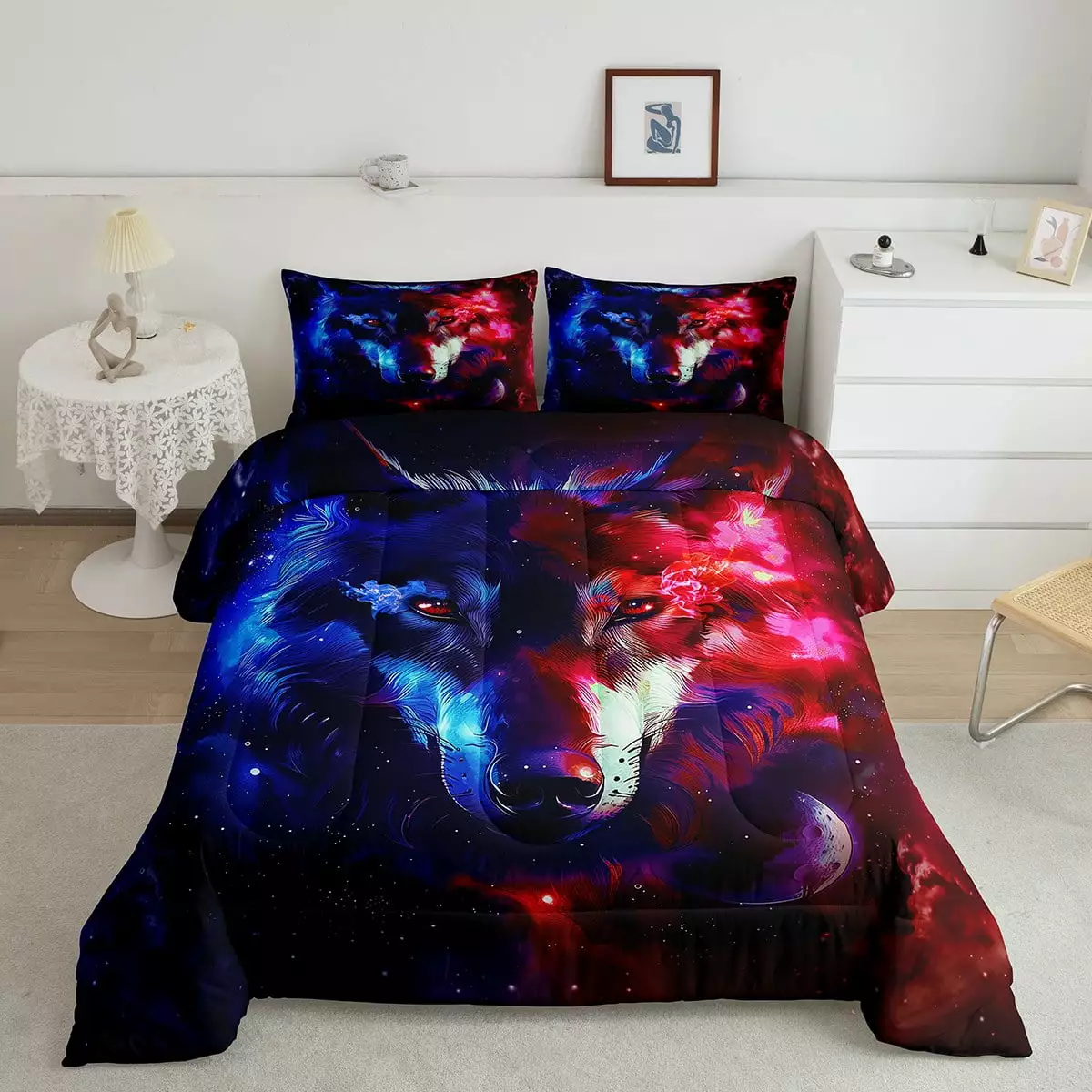 YST Wolf Comforter Set Ice Fire Wolf Galaxy Moon Bedding Comforter Sets 2 Piece Wolves Wild Animal Bedding Twin for Adults Men Tie Dye Oil Painting Starry Design Quilt. Red Blue Black