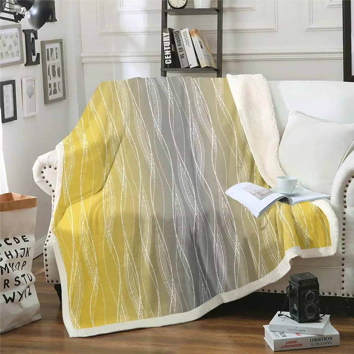 YST Yellow And Grey Fleece Blanket Throw 50X60 Watercolor Ombre Throw Blanket Gradient Geometric Sherpa Blanket For Kids Silver Wavy Stripes Flannel Blanket Soft Lightweight Bedroom Decor