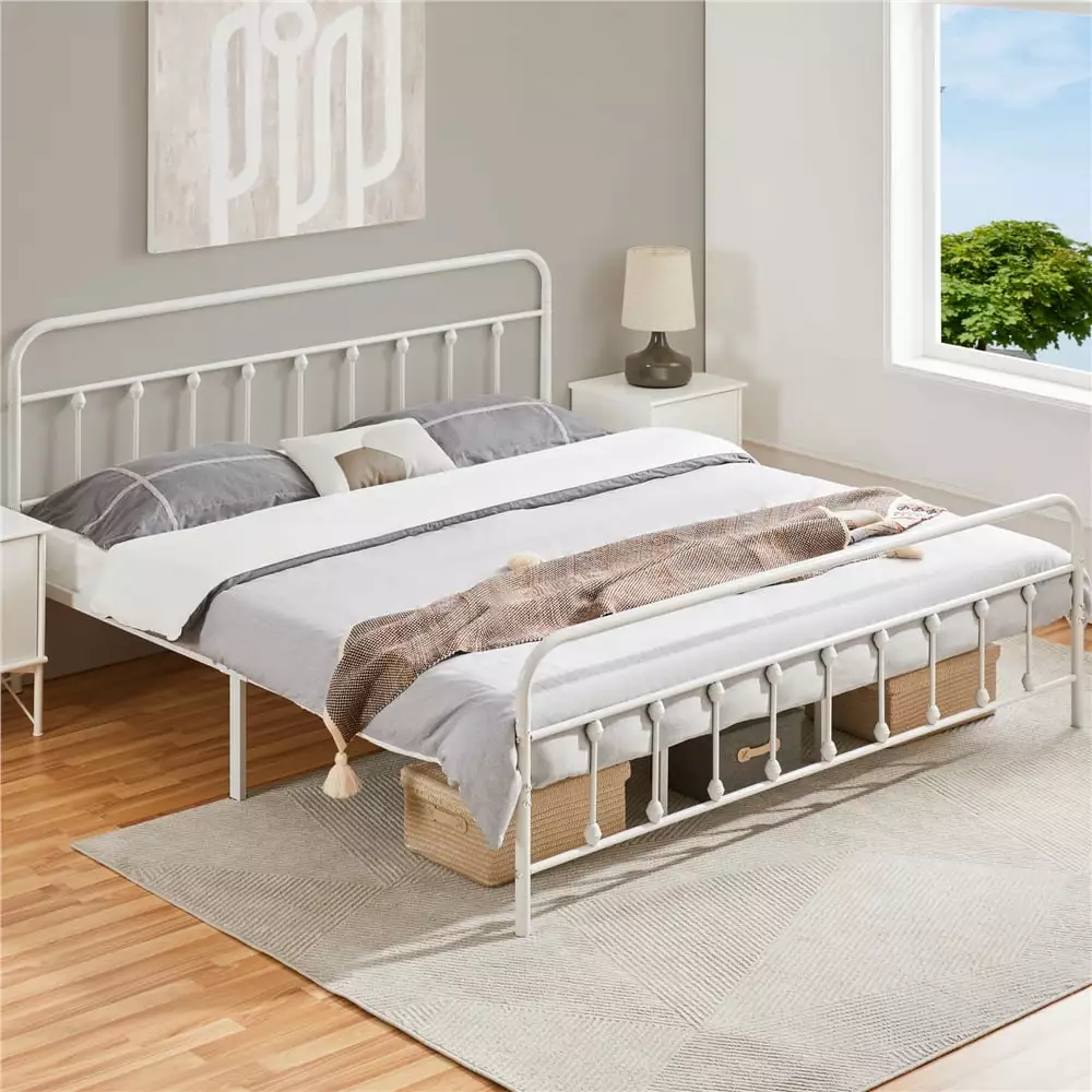 Yaheetech Classic Iron Platform Bed with High Headboard and Footboard.California king.White