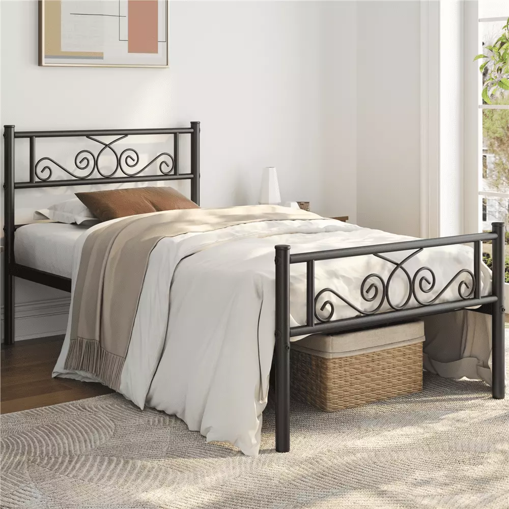 Yaheetech Graceful Scroll Platform Bed with Headboard and Footboard. Twin. Black