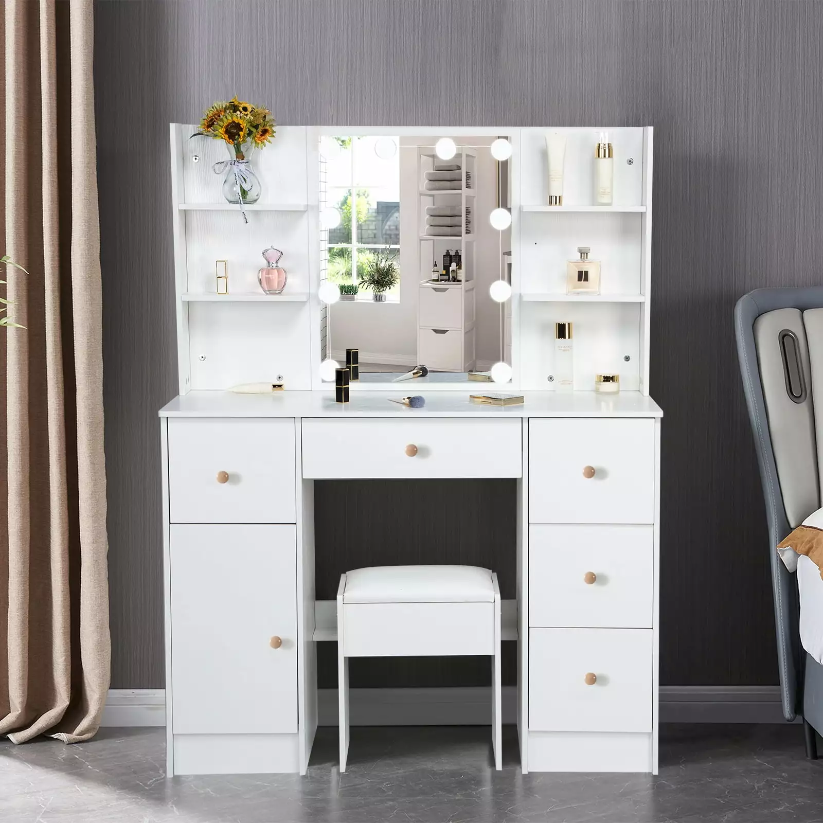 Yamissi Makeup Vanity with Cushioned Stool Vanity Set with Mirror and Lights for Bedroom Small Dresser. White