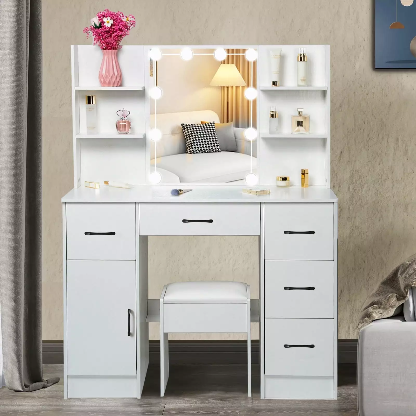 Yamissi Modern Makeup Vanity Set with Stool. Vanity Desk with Mirror and Lights. Dressing Table with Shelves & Drawers. White