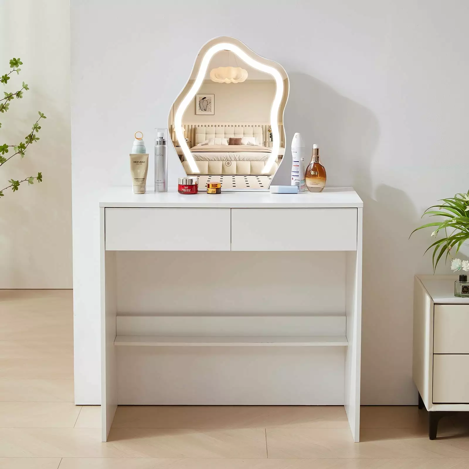 Yamissi Modern Vanity Set with Mirror. 2-in-1 Vanity Table and LED Makeup Mirror. Cloud-shape Mirror. White Vanity Desk for Girls. Pricess