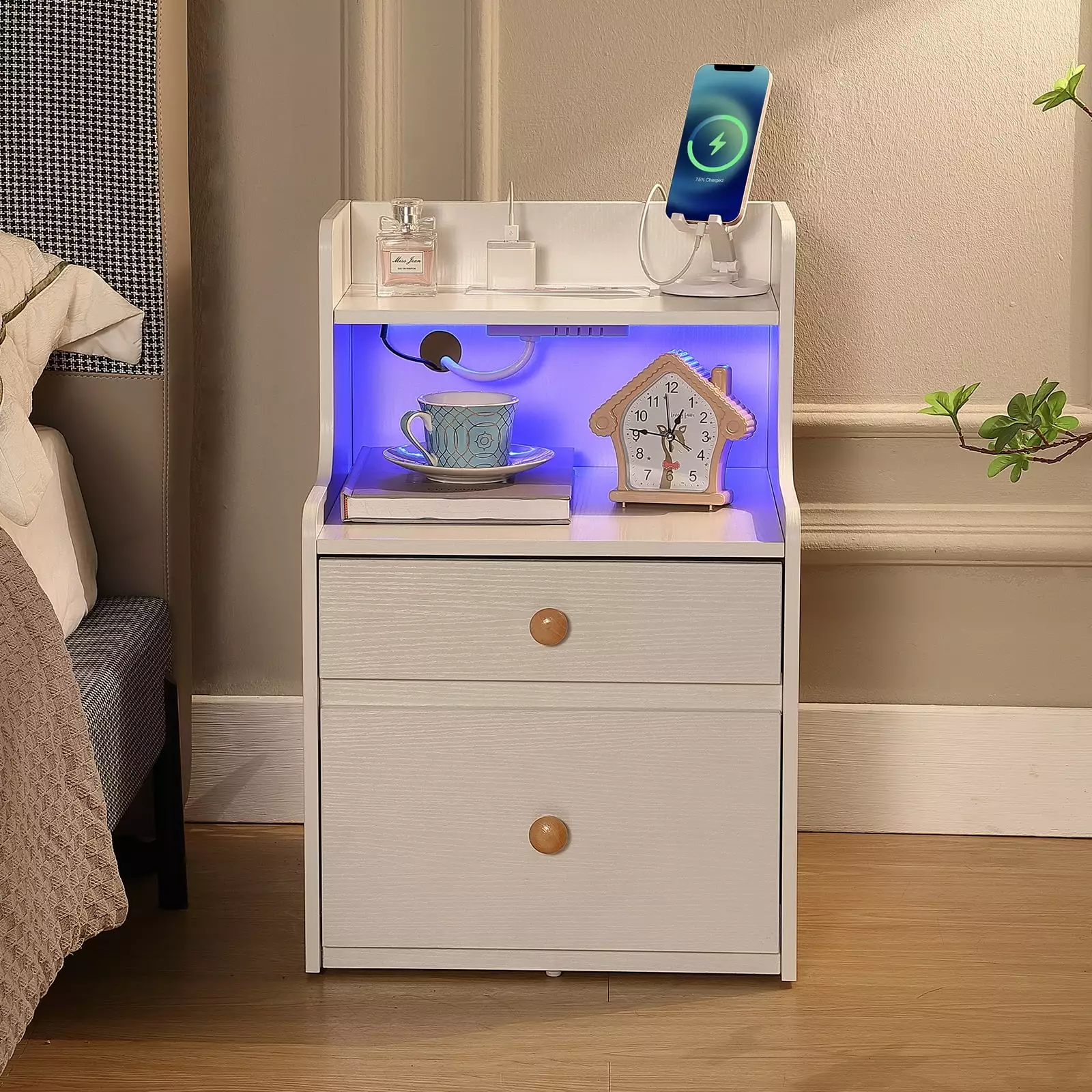 Yamissi Night Stand with Charging. Nightstands with 2 Drawers. Bedside Table with LED Lights. Modern LED Nightstand for Bedroom. White