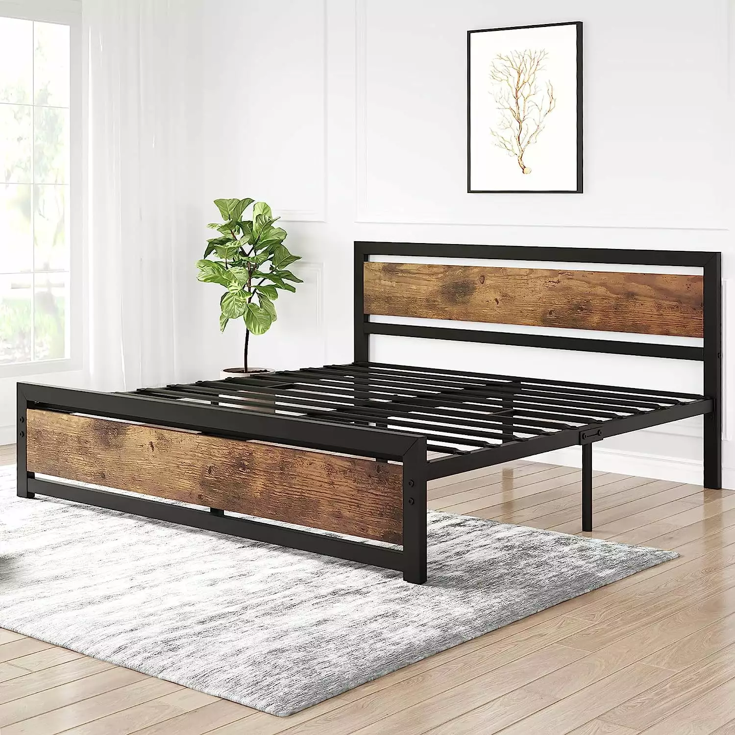 Yesurprise Full Metal Bed Frame with Wooden Headboard and Footboard No Box Spring Needed Noise Free. Brown