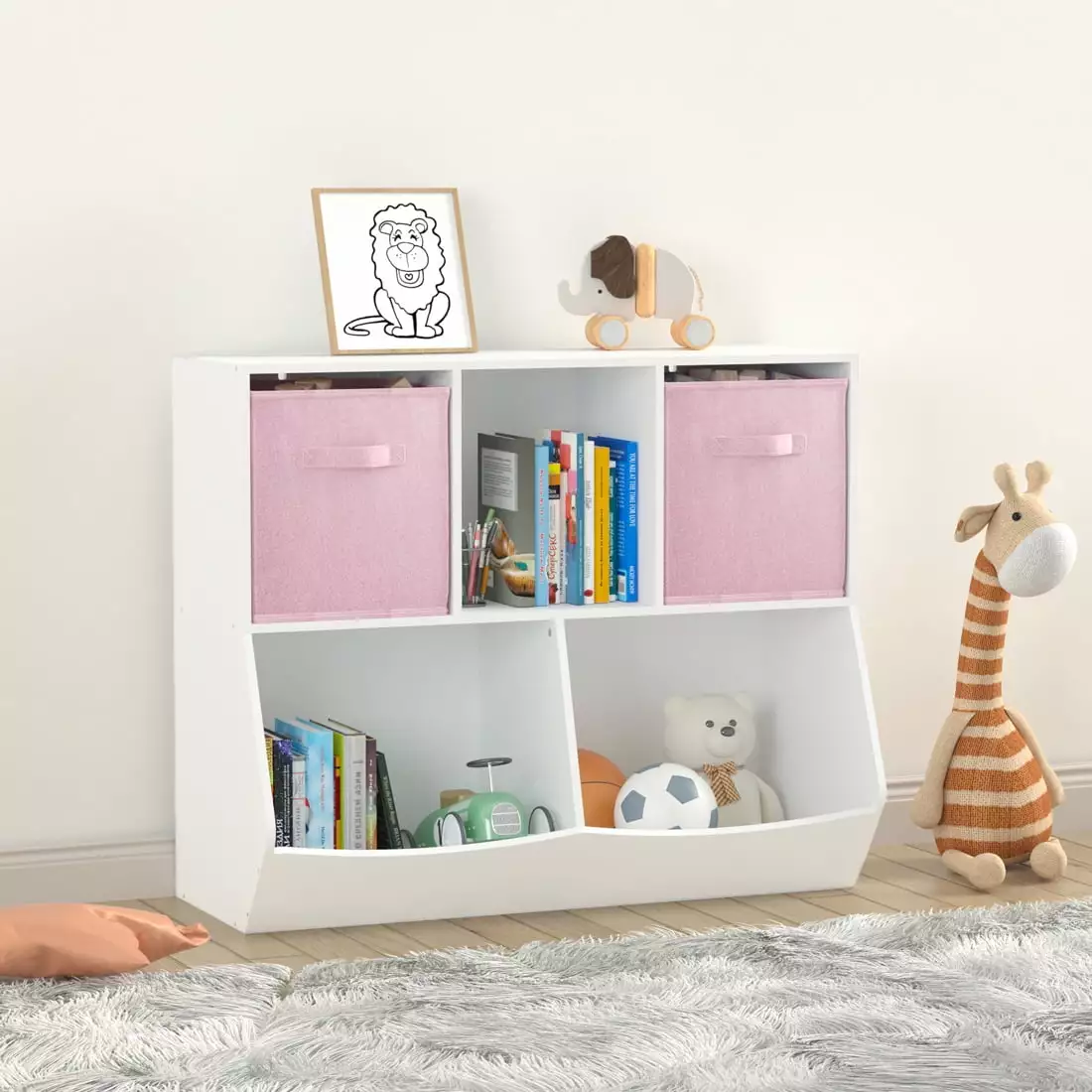 Yone jx je Kids Bookshelves and Bookcases. Toy Storage Organizer with 2 Collapsible Fabric Drawers. Toddler for Playroom with Closed Cupboard for Playroom. Kids Room. Bedroom