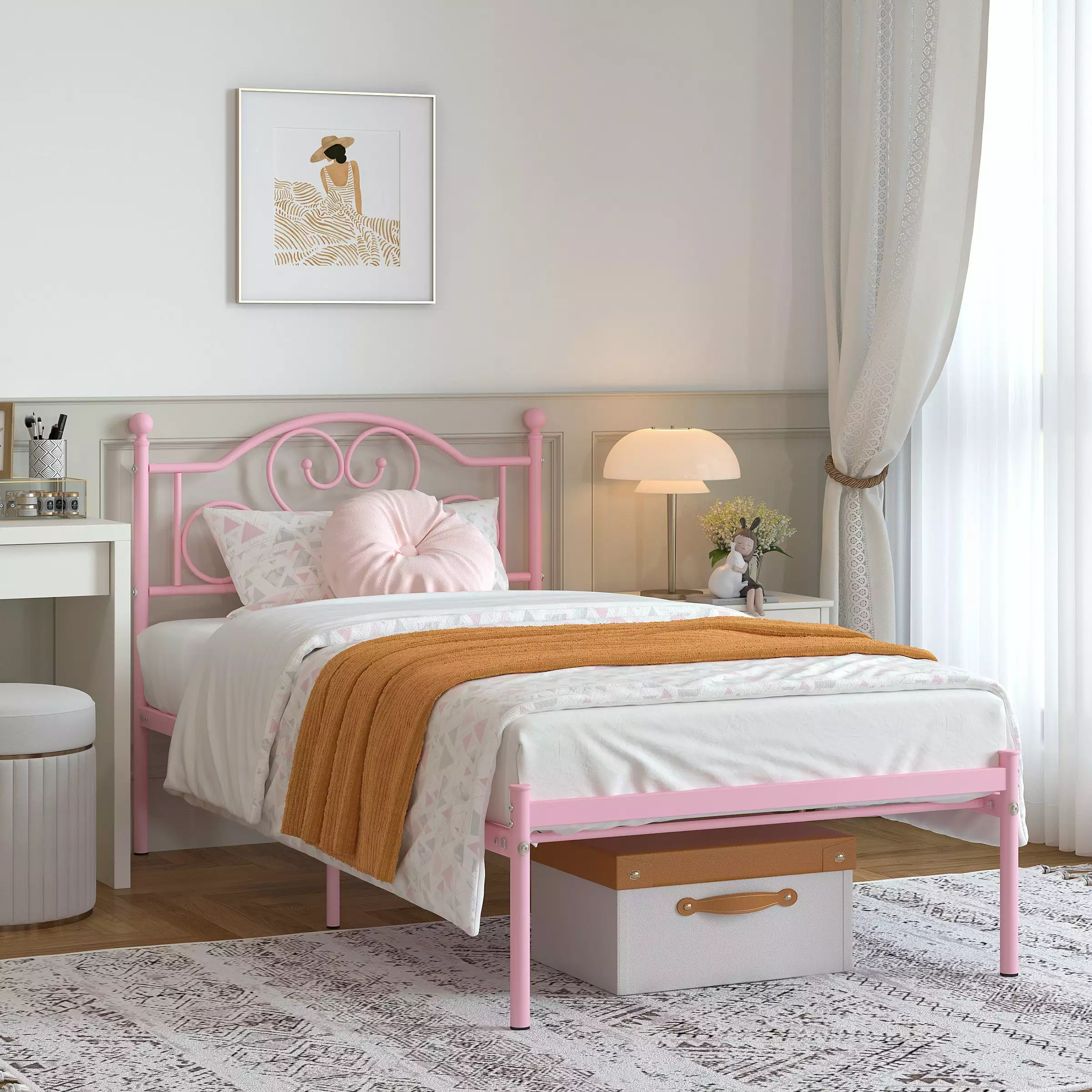 Yoneston 12 Twin Heavy Duty Metal Platform Bed Frame with Love-Heart Shape Headboard for Girls Bedroom Furniture. Pink