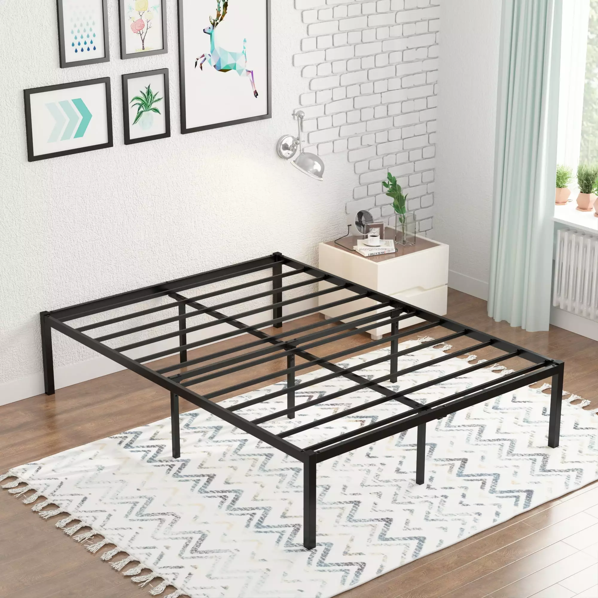 Yoneston 16 Inch Queen Metal Platform Bed Frame Reinforce Heavy Duty No Box Spring Mattress Foundation High Bed Frame with Under-Bed Storage for Adults Child