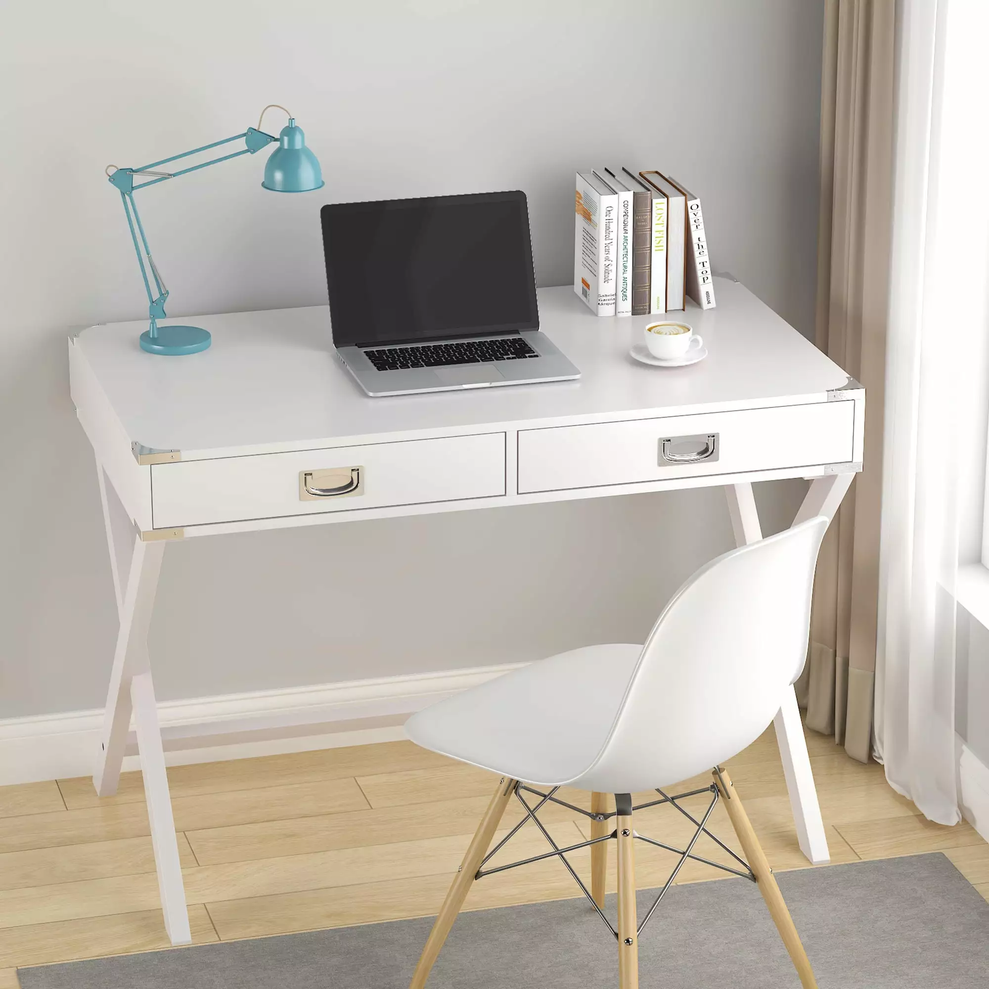 Yoneston Computer Desk with Storage. Modern Study Wood Desk with Drawers for Home Office & Dressing. White