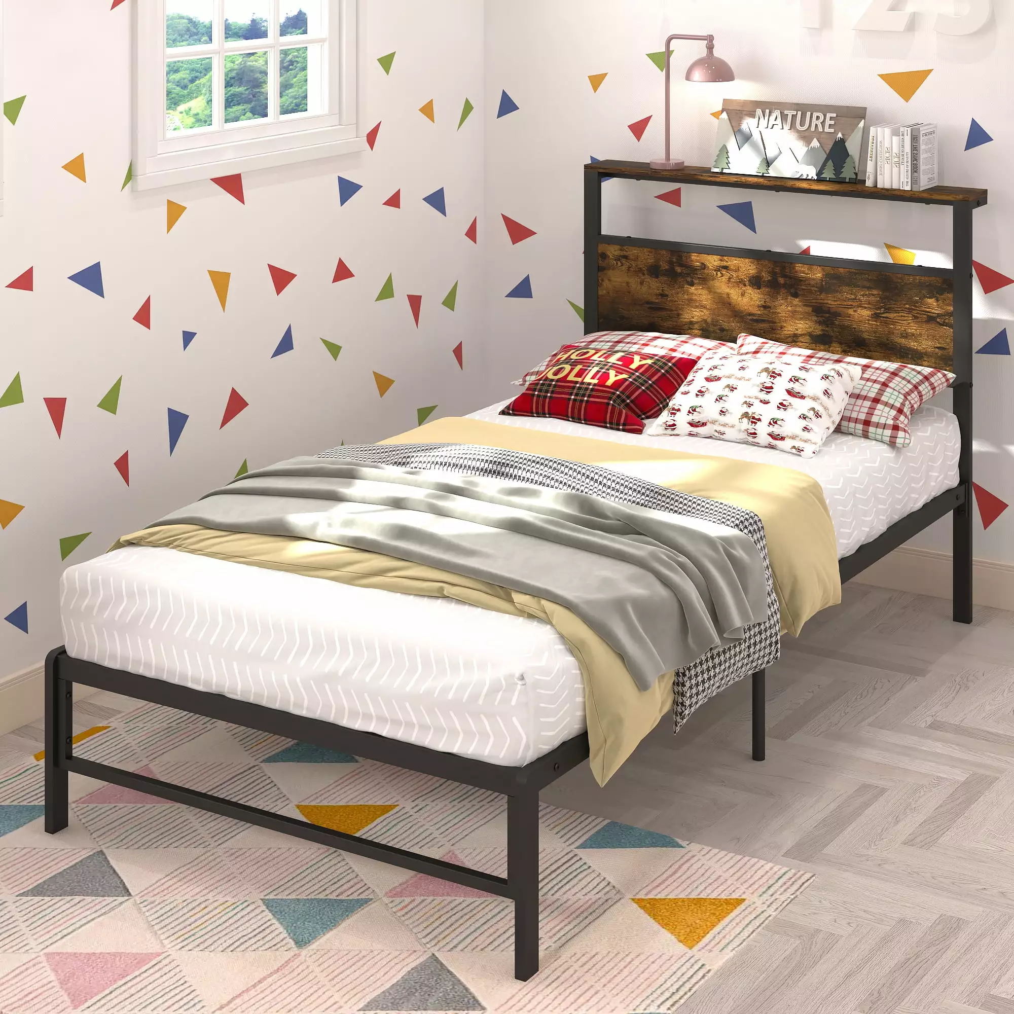 Yoneston Kids Twin Size Metal Platform Bed Frame with Storage Headboard. 12 Mattress Foundation for Childs Adults. Caramel Brown