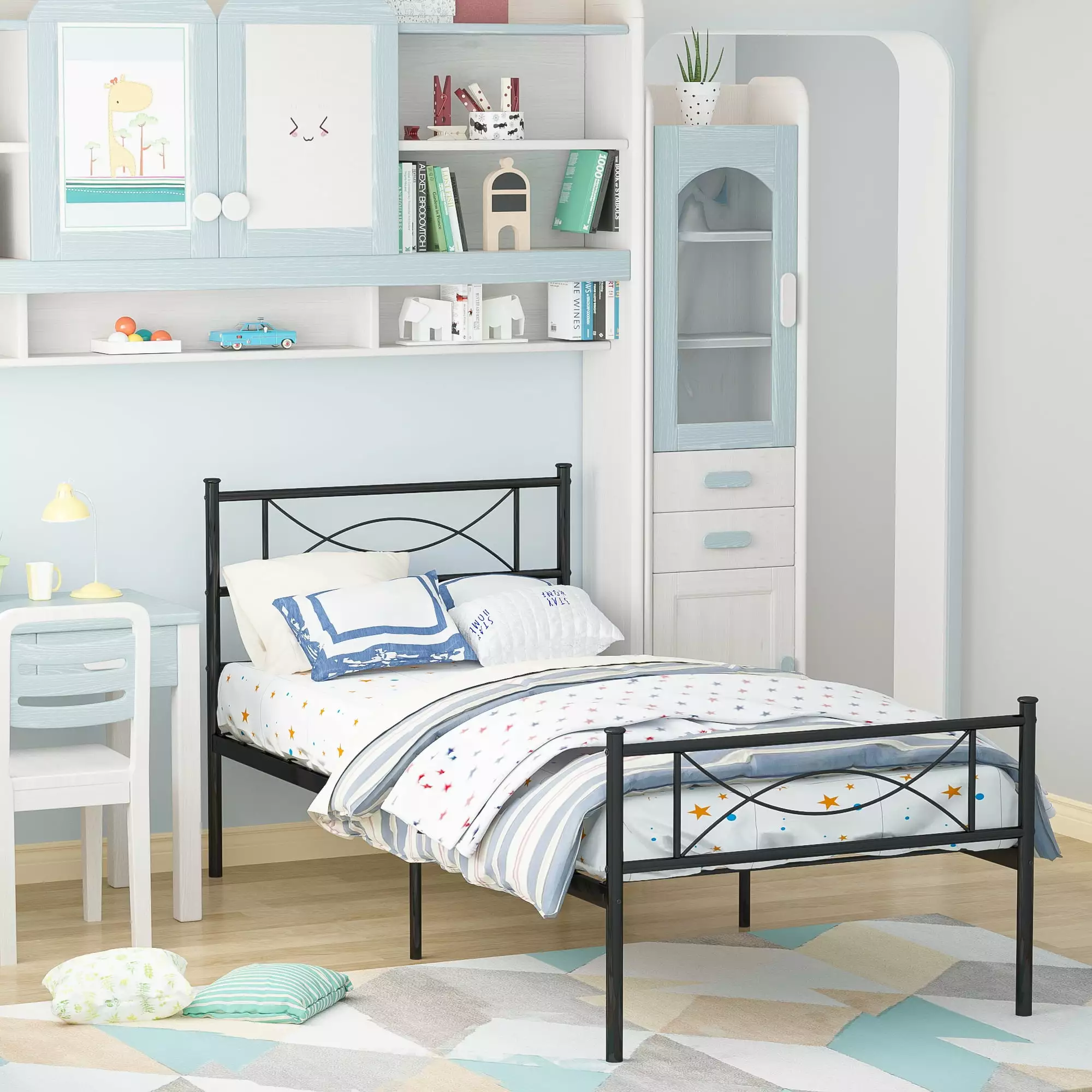 Yoneston Metal Bed Frame Platform with Headboards Twin Kids Bedroom Bed Frame Black