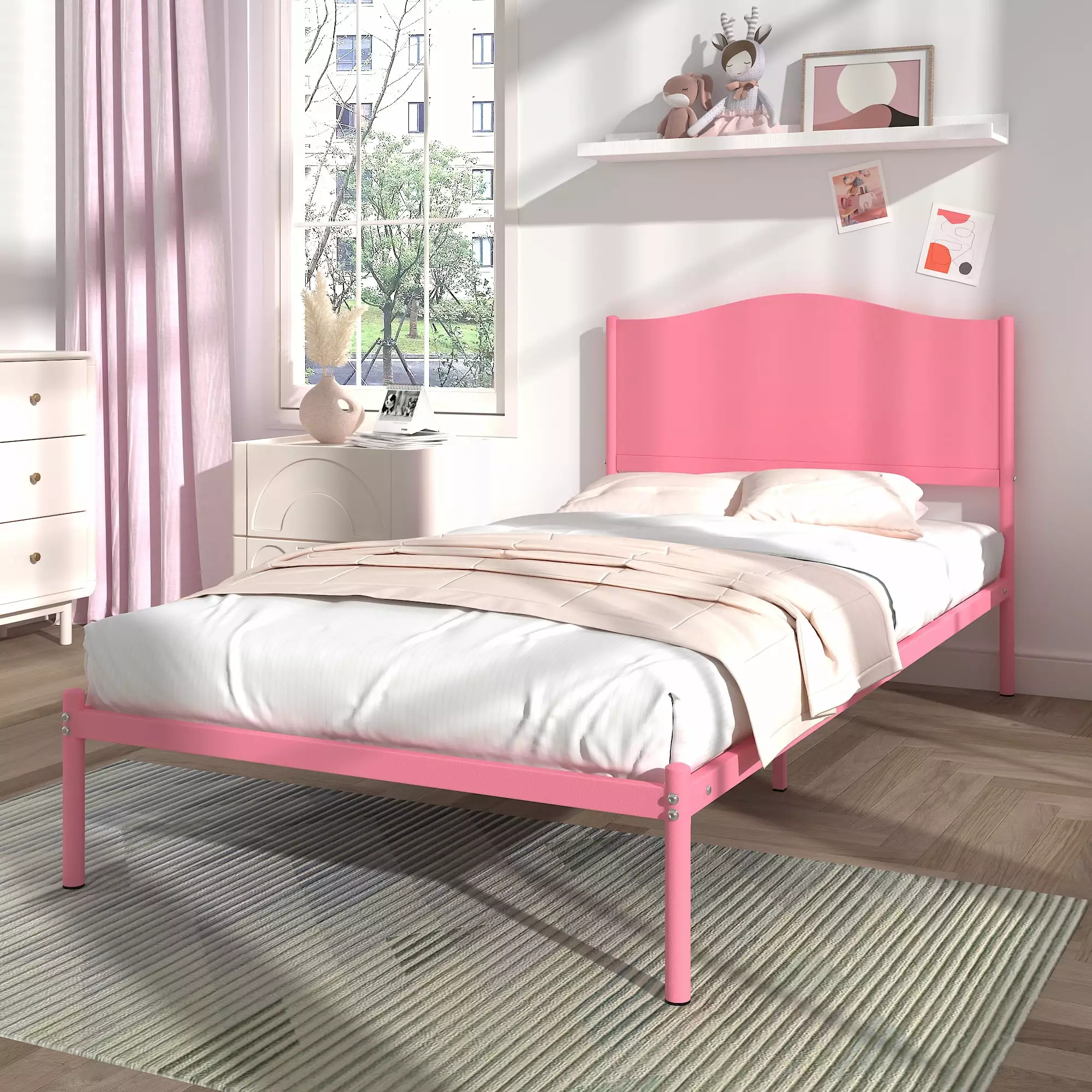 Yoneston Twin Kids Metal Platform Bed Frame with Pink Finish Wood Headboard for Girls. Kids. and Teens