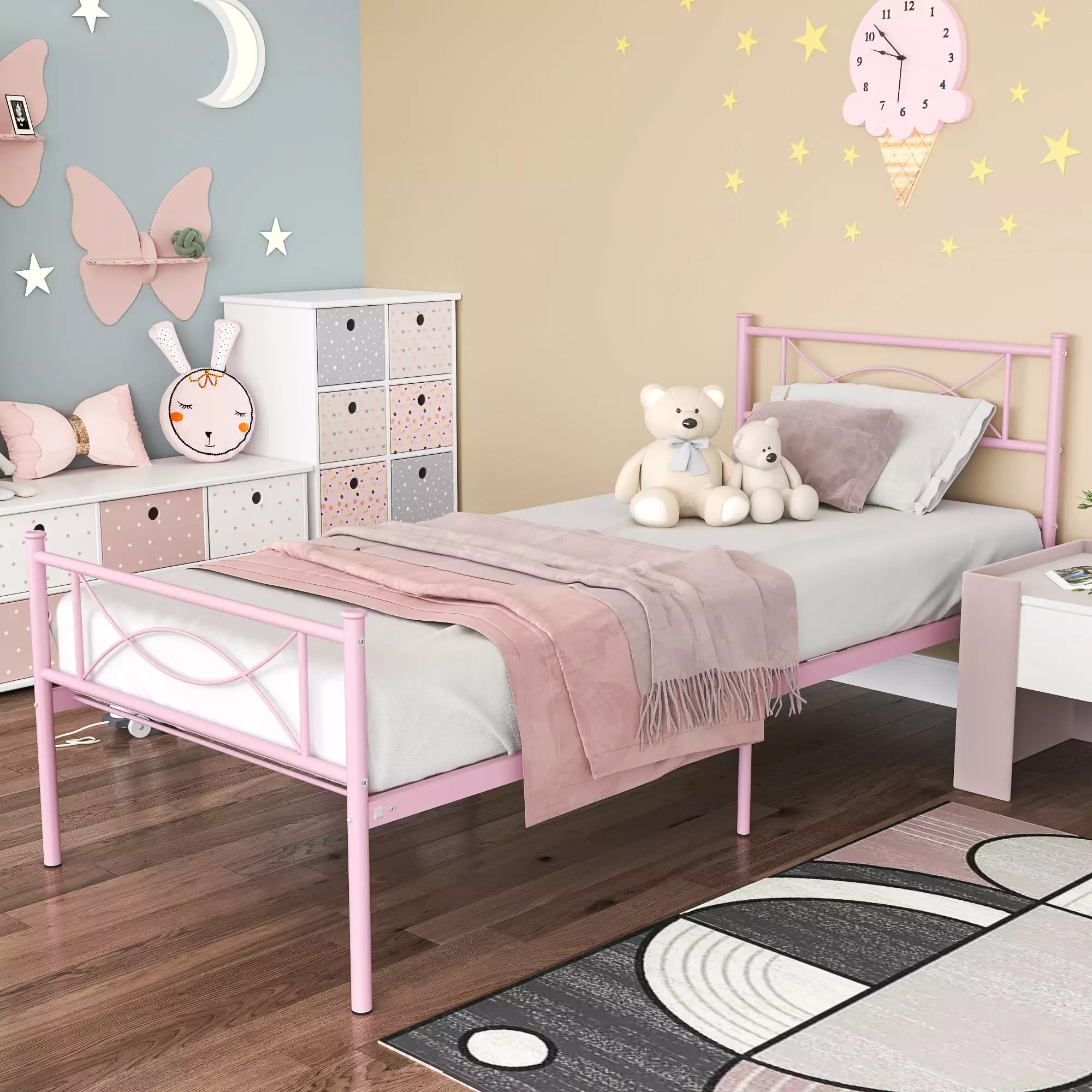 Yoneston Twin Metal Platform Bed Frame for Girls Single Bed Frame Mattress Foundation with Headboard & Footboard for Kids. Teens. Pink