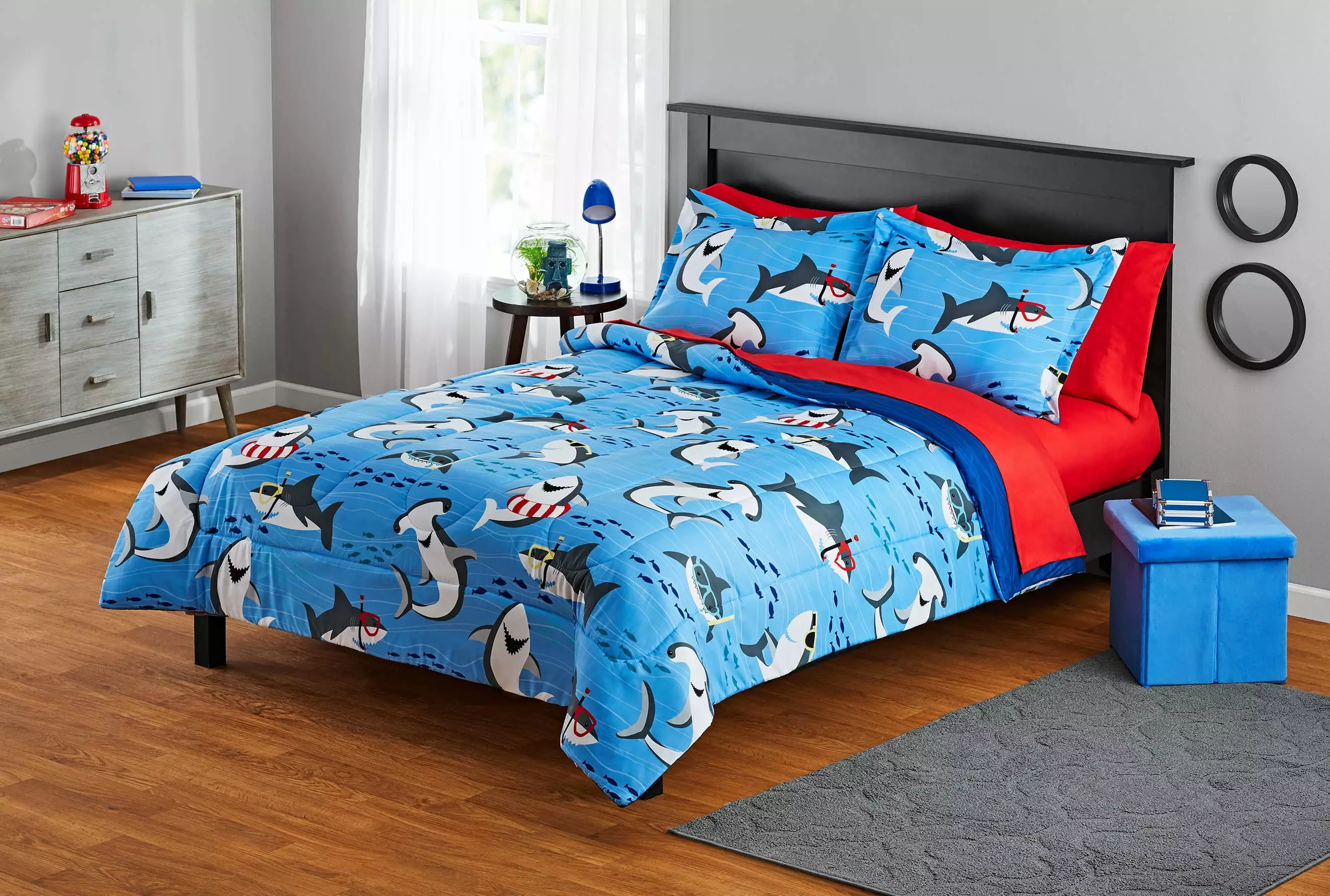 Your Zone Blue Sharks Full Bedding Set for Kids. Machine Wash. 7 Pieces