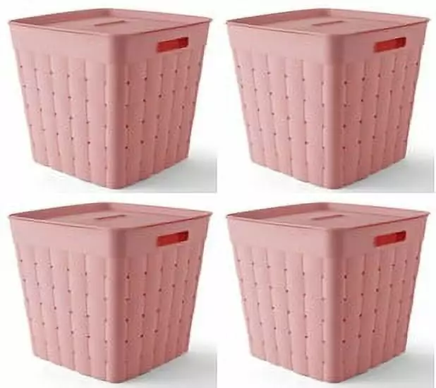 Your Zone Child and Teen Plastic Wide Weave Pink Stacking Storage Bin with Lid. 4 Pack