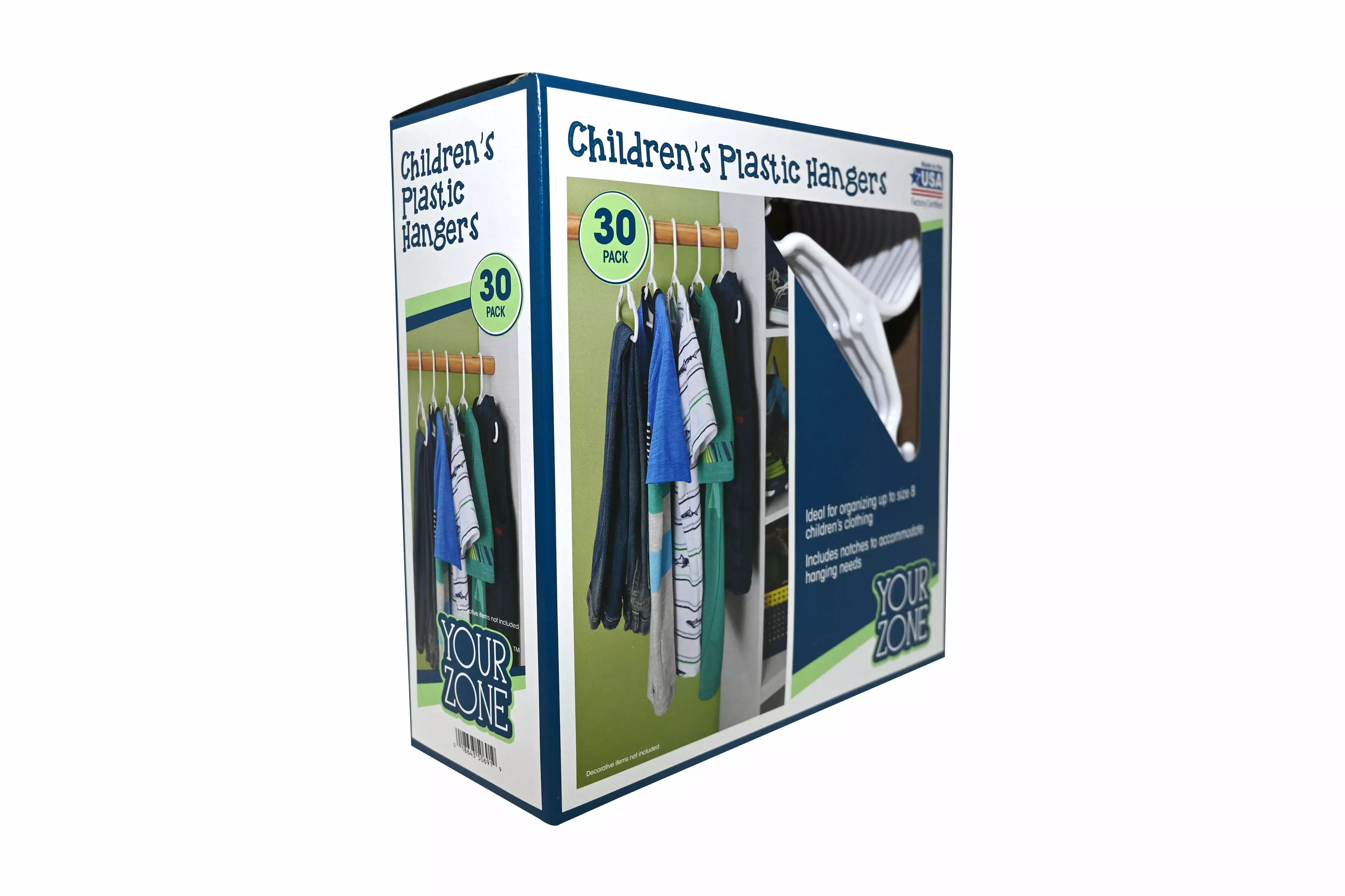 Your Zone Children's Clothing Hangers. 30 Pack. White. Sizes Up to 8. Durable Plastic