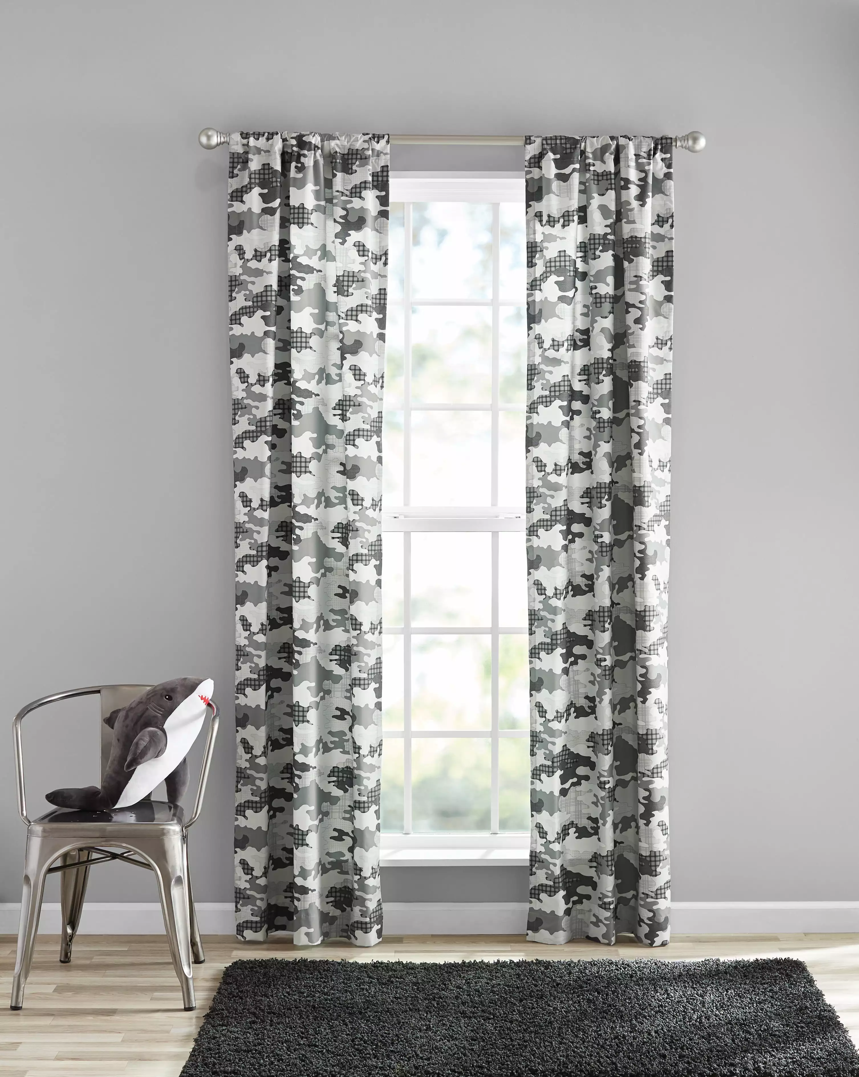 Your Zone Gray Camo Room Darkening Rod Pocket Panel Curtains. 30 in x 84 in (2 Panels)