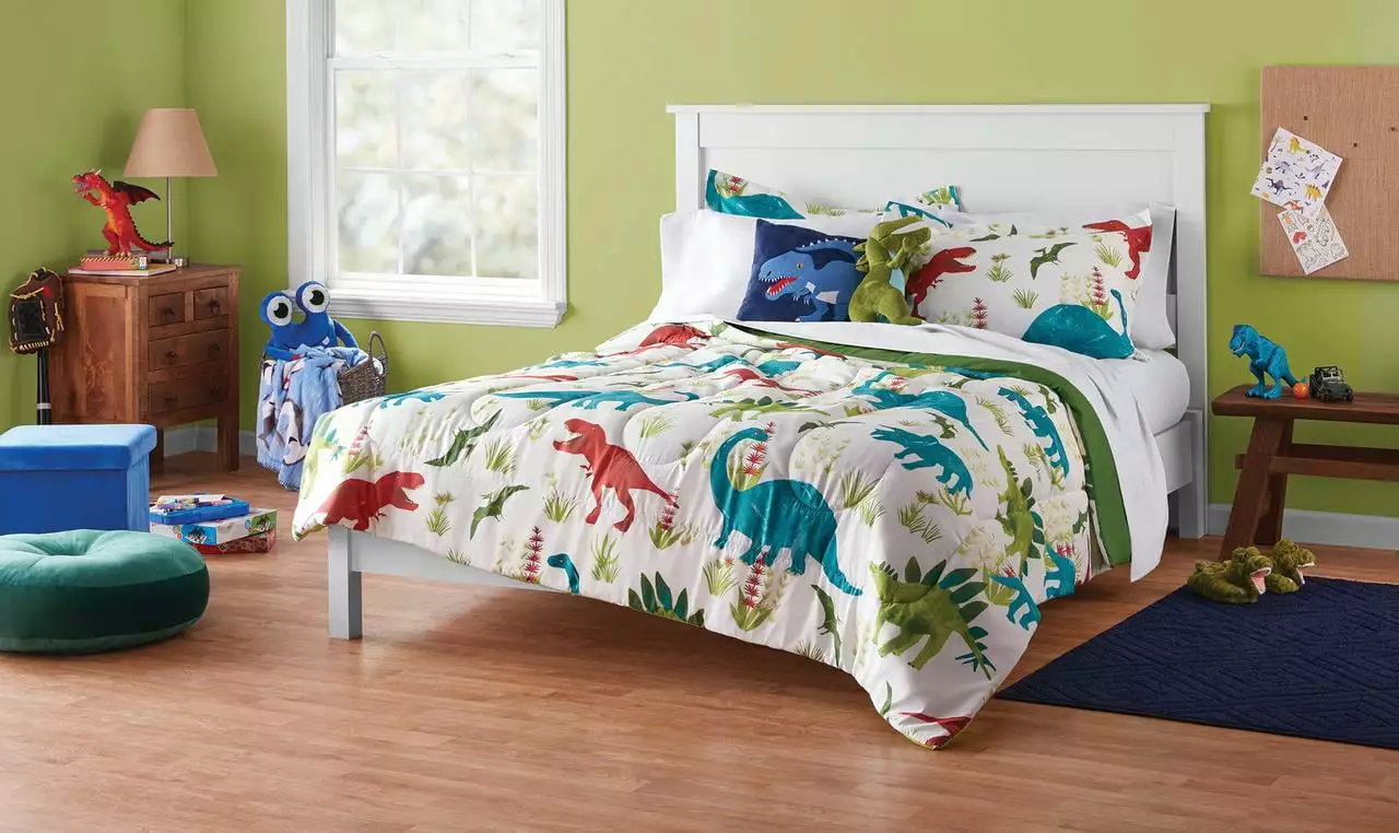 Your Zone Green and Blue Dino Full Bedding Set for Kids. Machine Wash. 7 Pieces