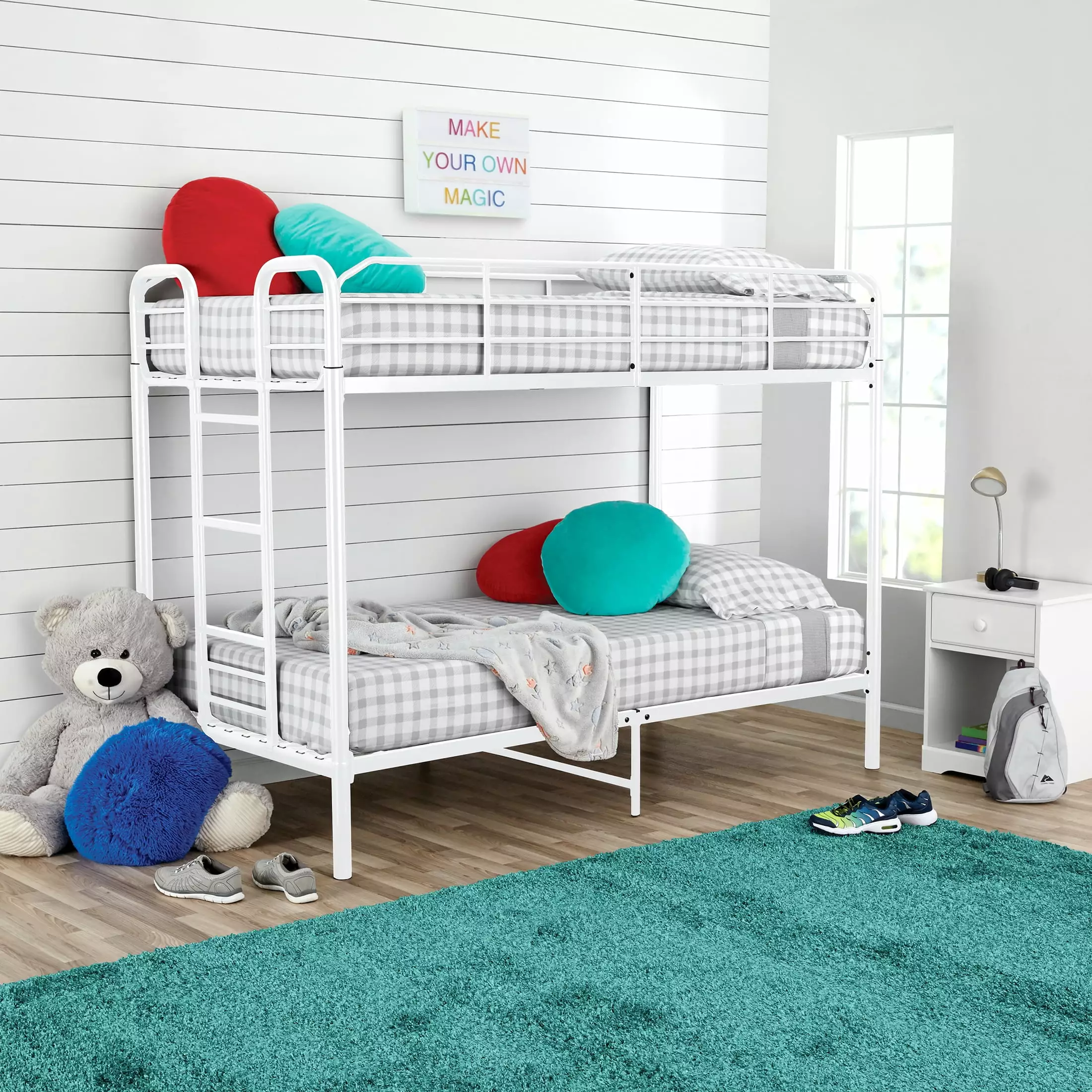 Your Zone Kids Metal Twin over Twin Quad Bunk Bed with Ladder and Guardrails. White