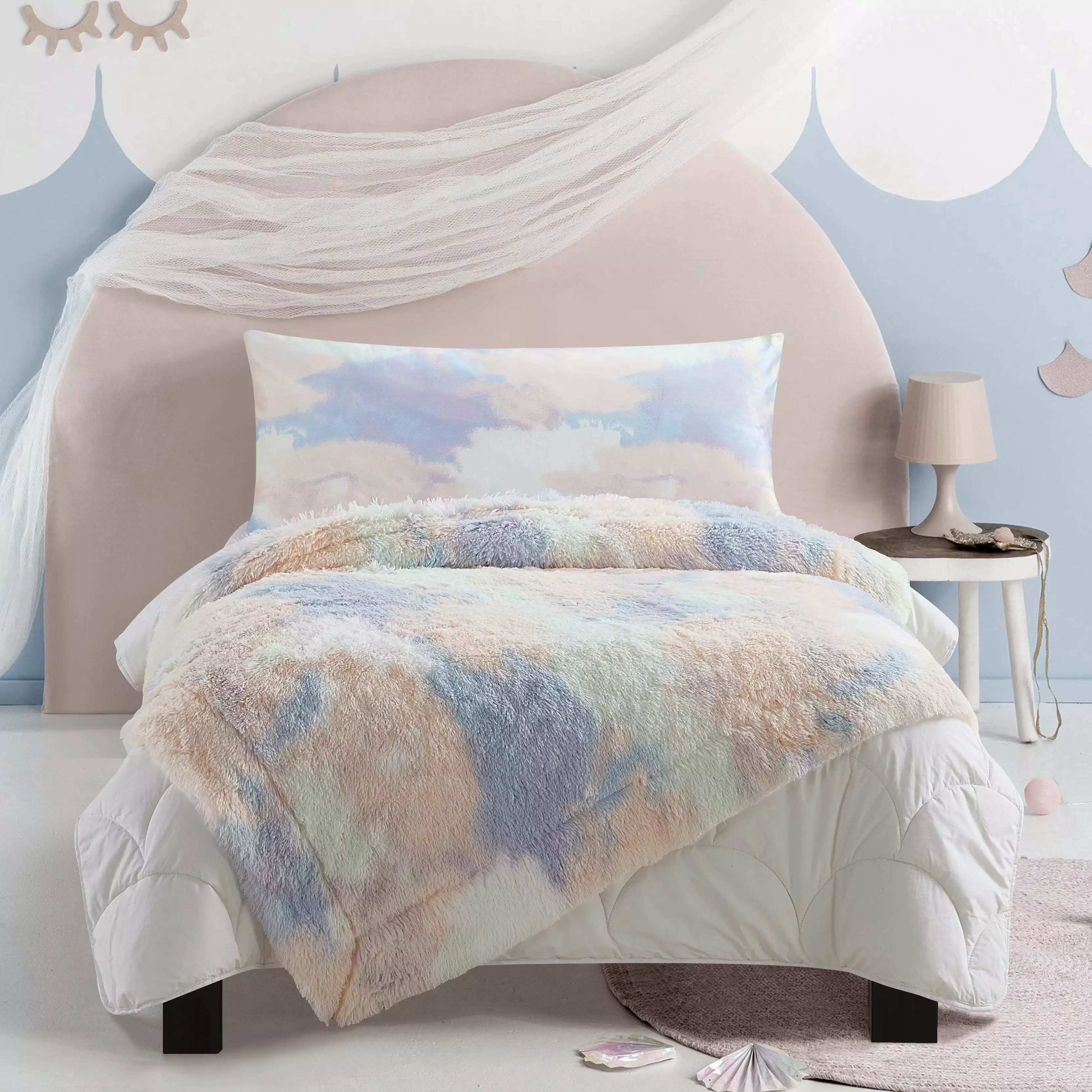 Your Zone Pastel Tie Dye Faux Fur 50 x 60 Throw & 20 x 52 Body Pillow Cover Set. Polyester