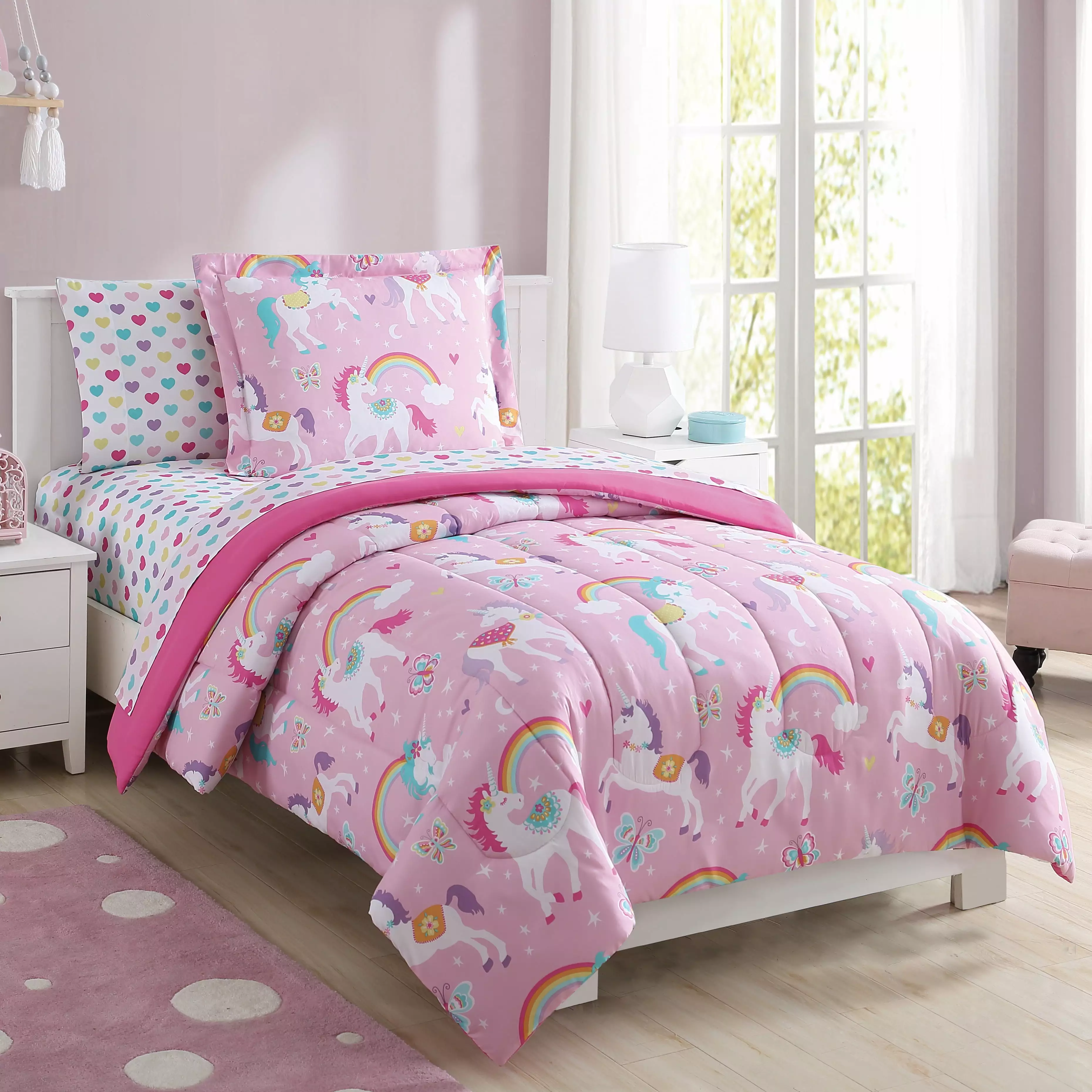 Your Zone Rainbow Unicorn Bed-in-a-Bag Coordinated Bedding Set. Pink. Twin Size