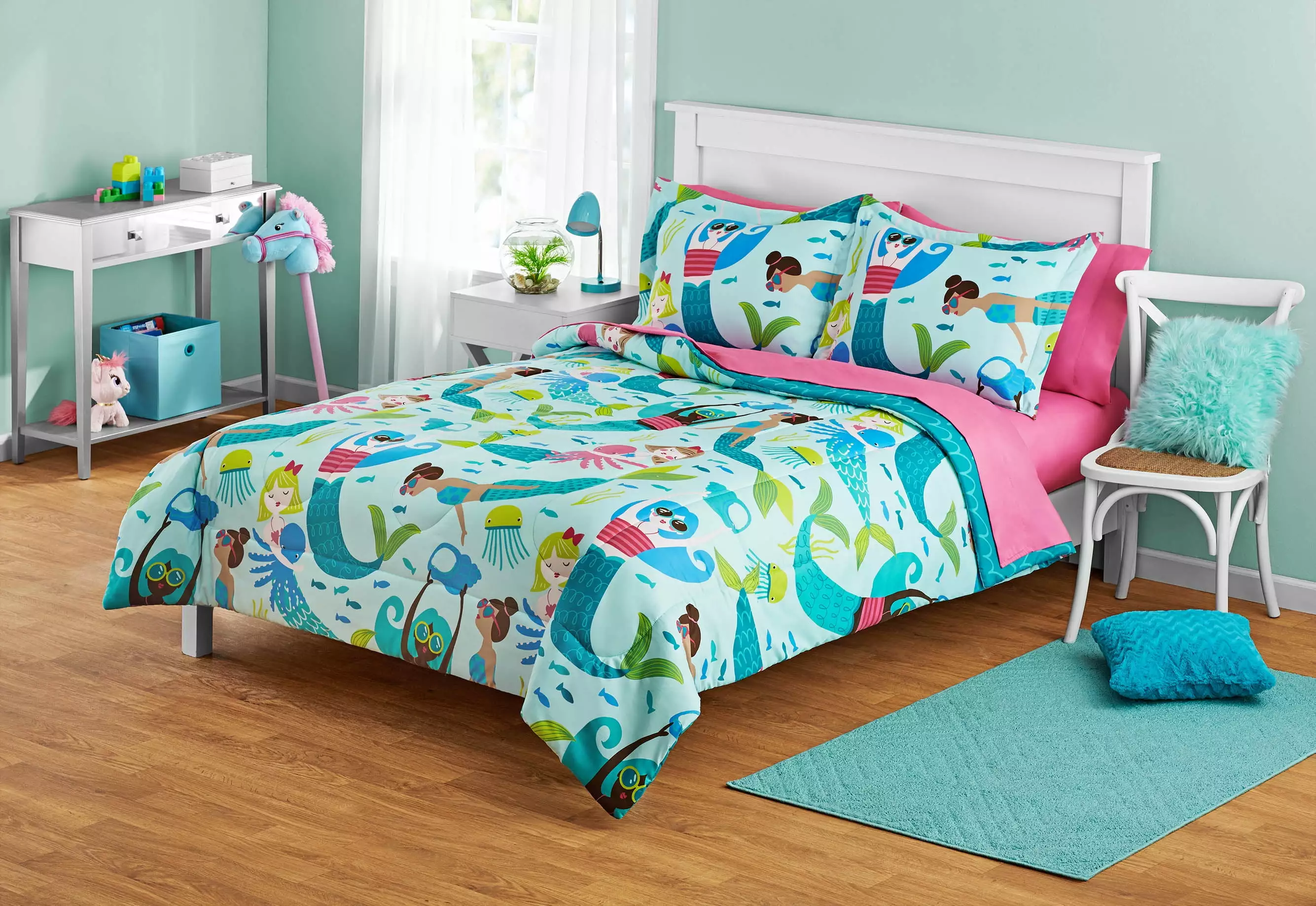 Your Zone Teal and Pink Mermaid Full Bedding Set for Kids. Machine Wash. 7 Pieces