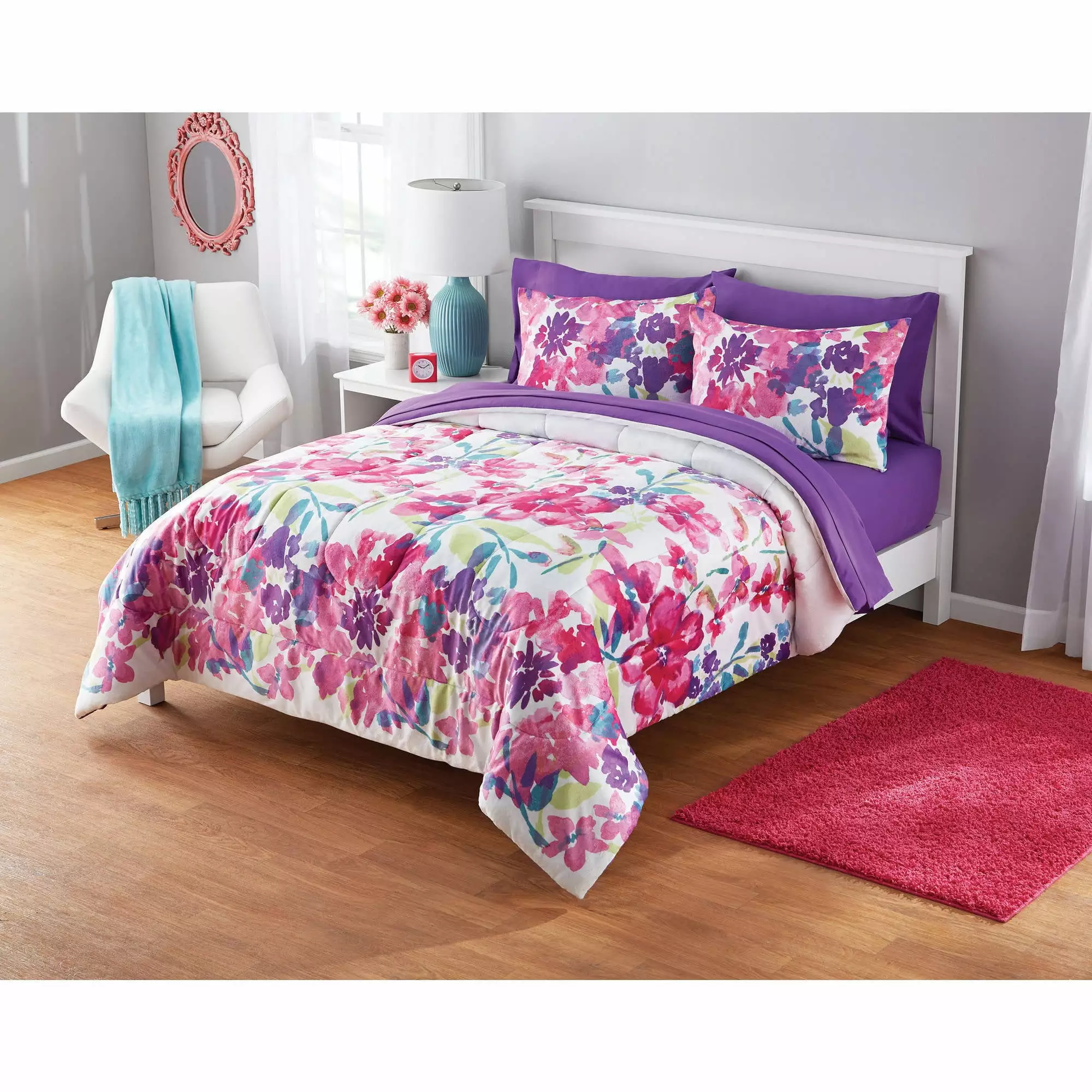 Your Zone Watercolor Floral 2 Piece Reversible Comforter Bedding Set. Twin XL. Multicolor