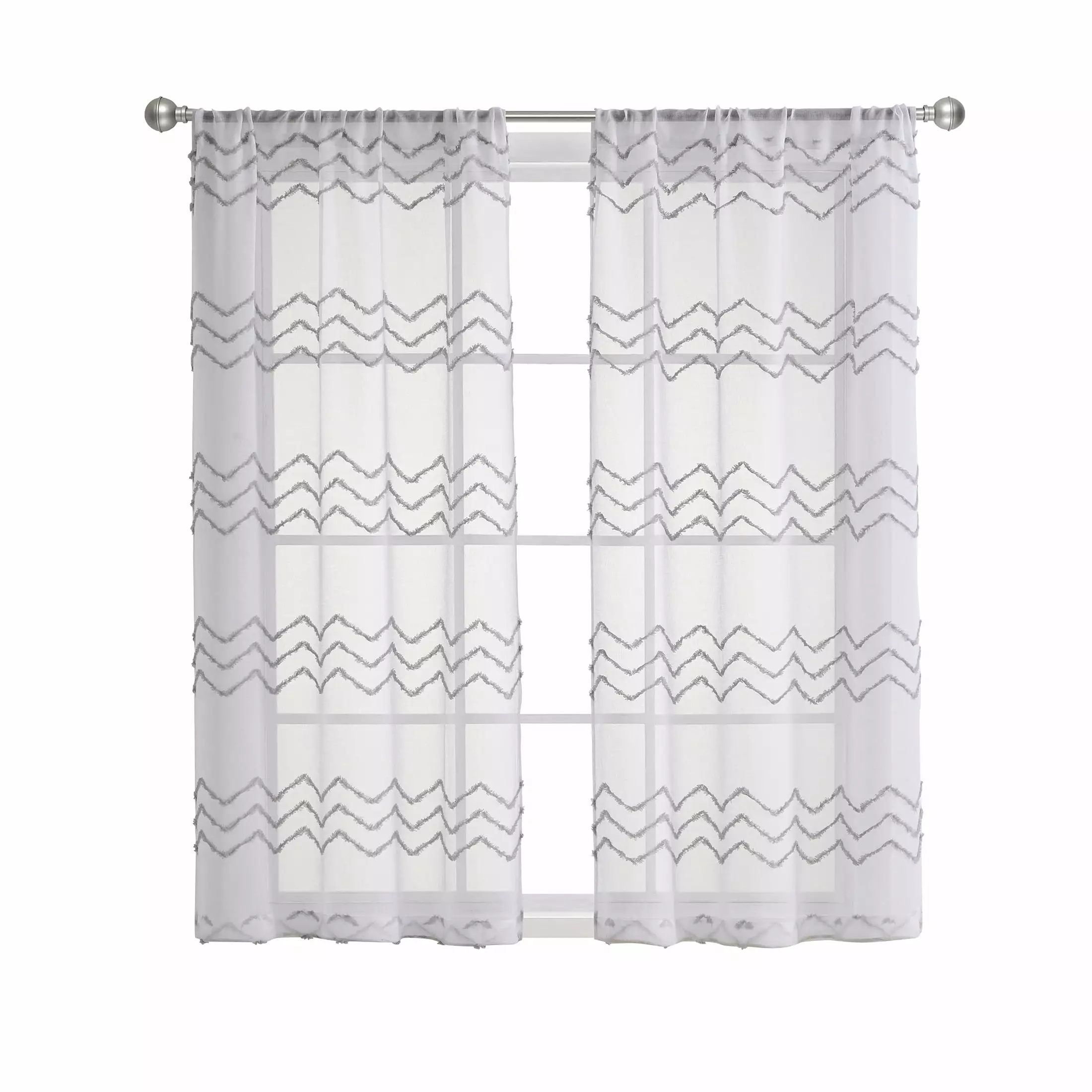 Your Zone White/Grey Tufted Chevron Rod Pocket Sheer Curtain Panel. 38 x 63