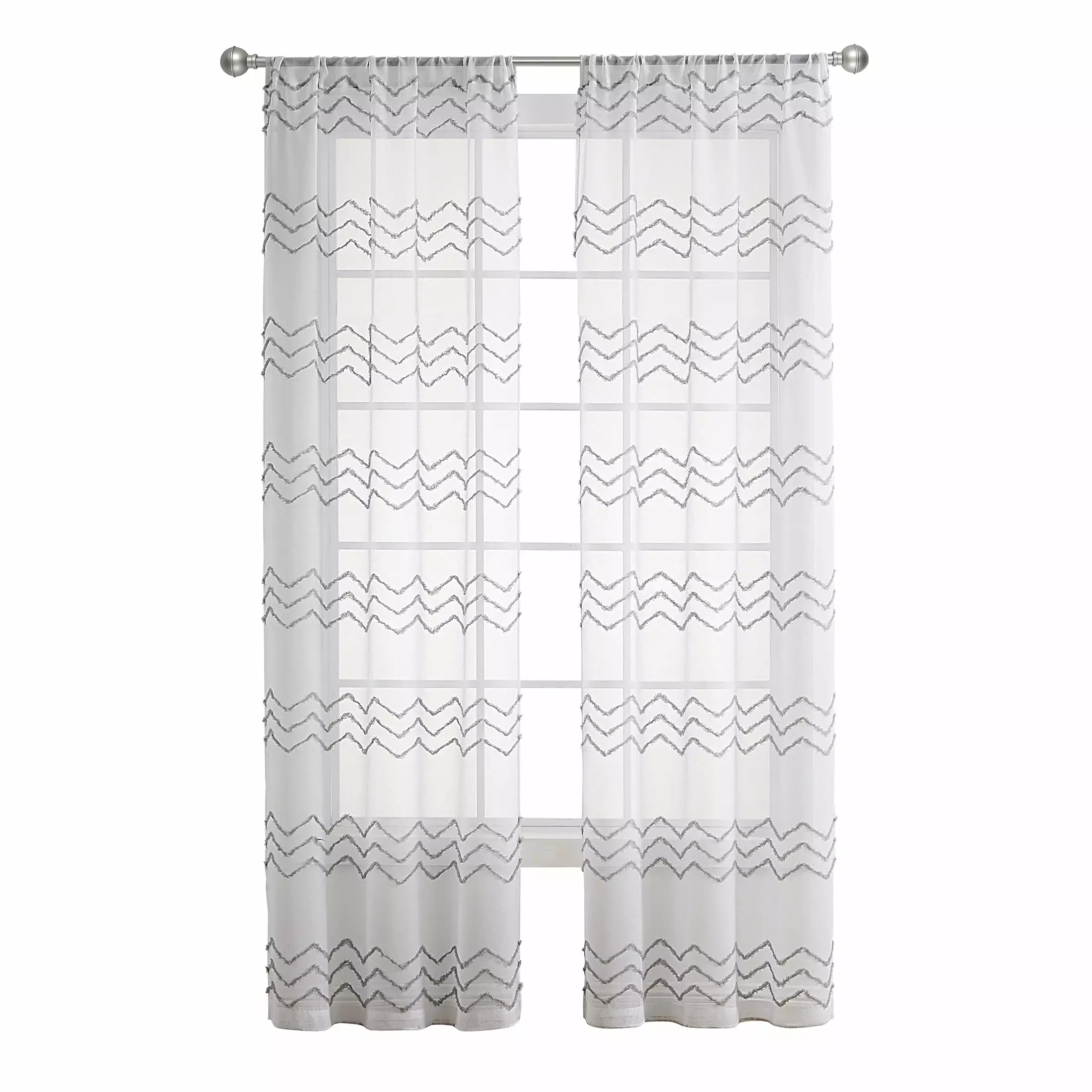 Your Zone White/Grey Tufted Chevron Rod Pocket Sheer Curtain Panel. 38 x 84