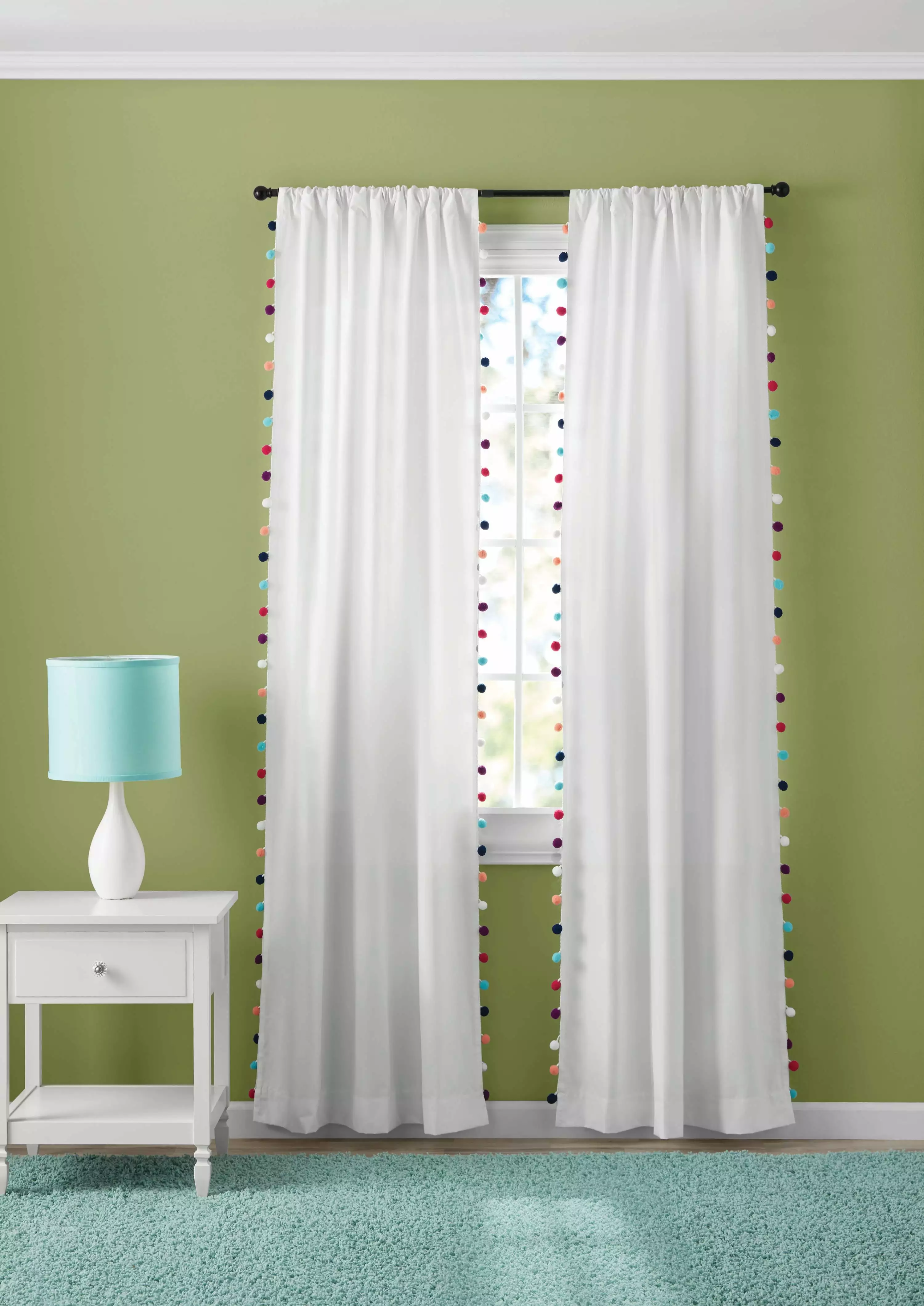 Your Zone White Pom Pom Room Darkening Rod Pocket Top Single Curtain Panel. 38 x 84