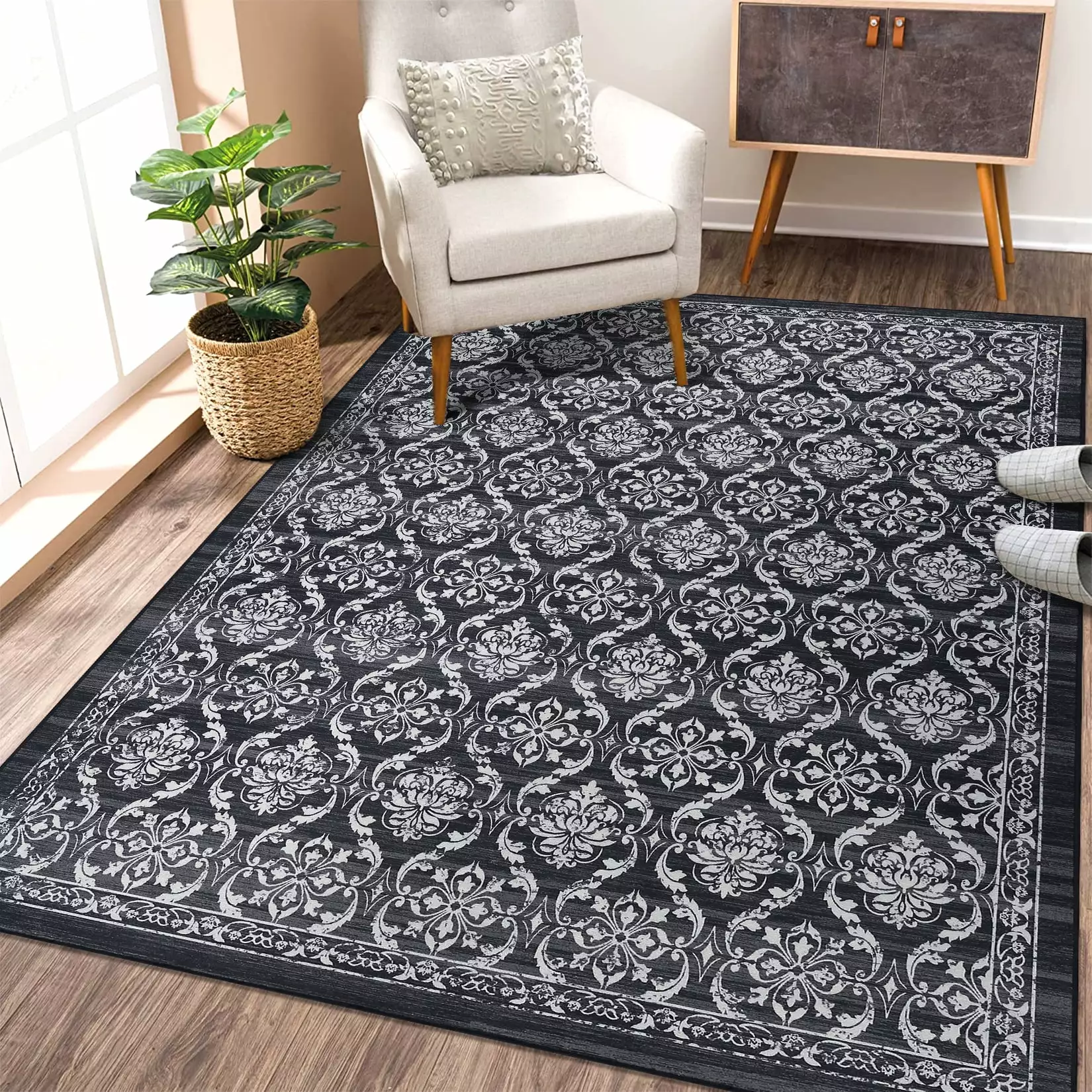 ZACOO Area Rug 8x10 Washable Rug Boho Floral Print Rug Low Pile Distressed Floor Carpet Non Slilp Non-Shedding Living Room Bedroom Rug Black