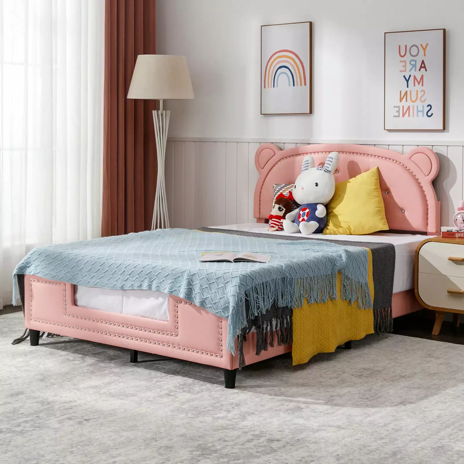 ZAFLY Twin Bed Frames for Kids. Pink Children Platform Bed. Kid Bed Frame with Bear Shaped Headboard. Faux Leather Upholstered. Rivet Decoration