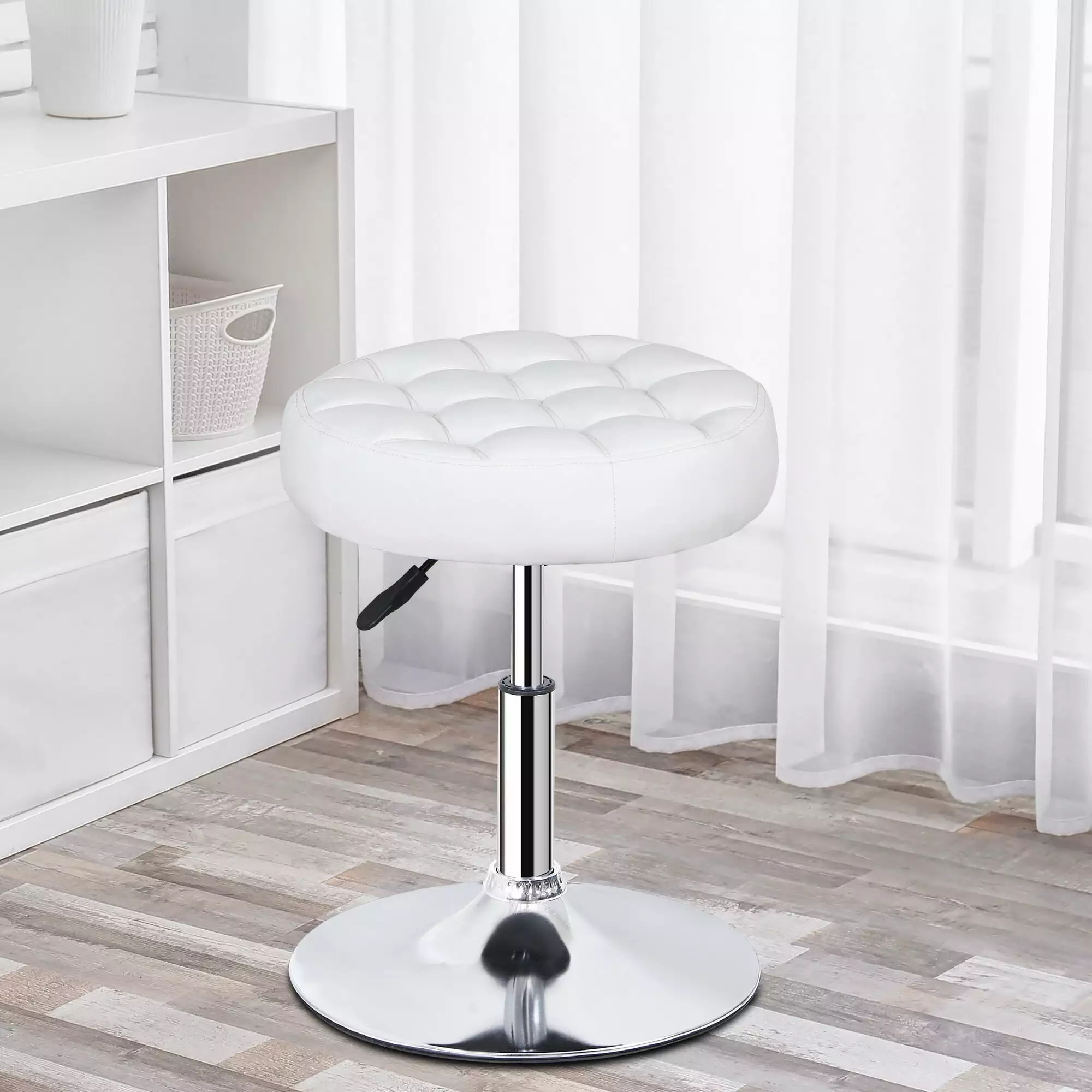 ZENY Adjustable Swivel Makeup Metal Frame Salon Stool Modern Big Size Round Vanity Stool Chair. White