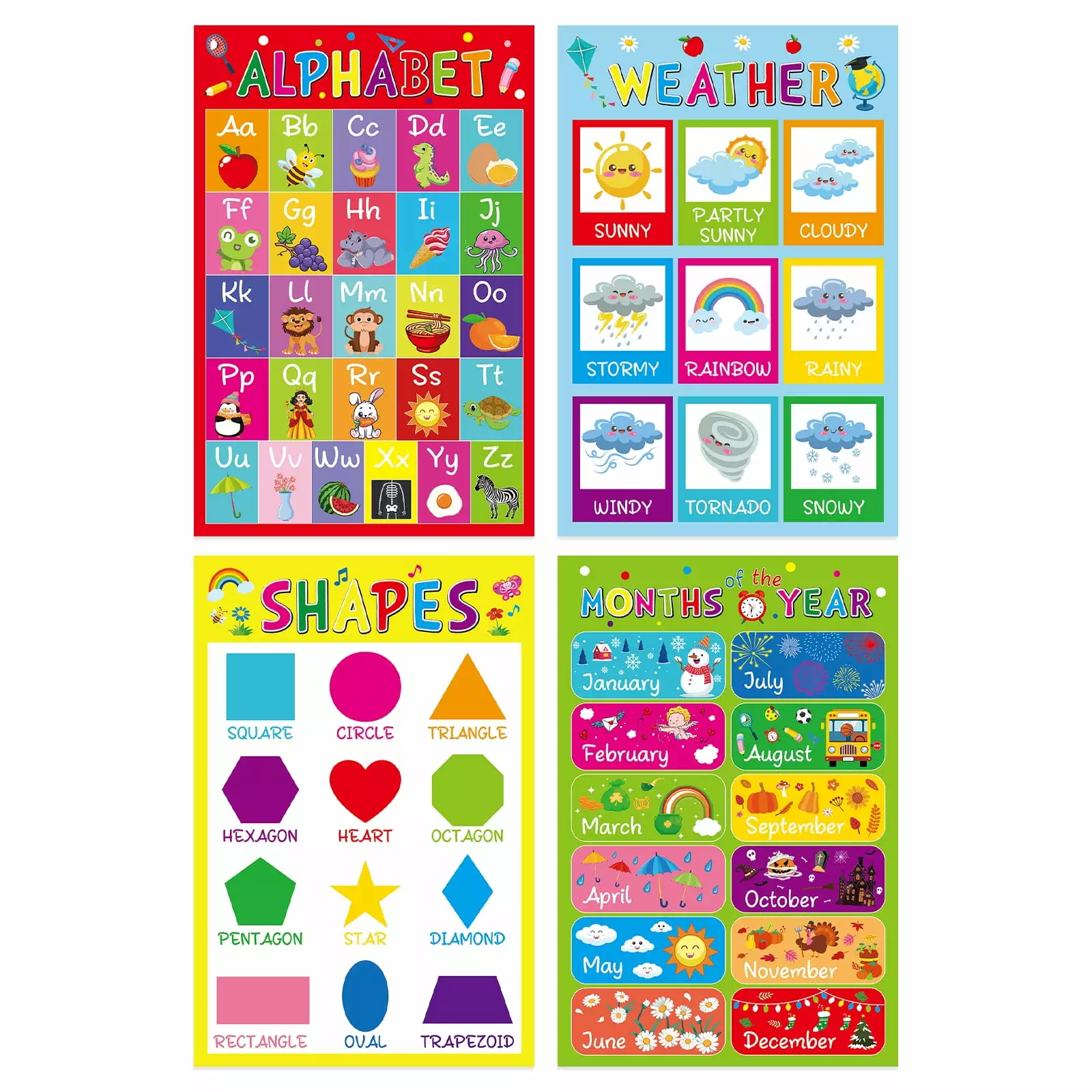 ZEYGC Homeschool Educational Posters for Kids. Toddlers Classroom ABC Poster for Wall Decorations. Preschool Educational Charts. 4pcs 16.5*11in