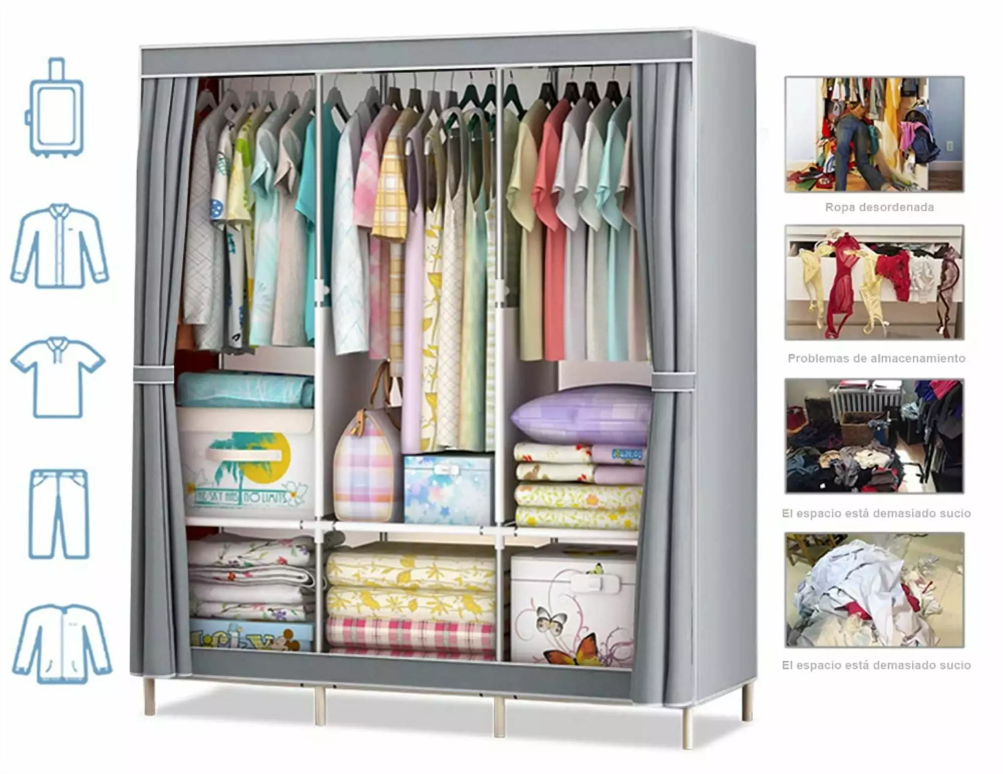 ZOUYUE Portable Closet. 67-Inch Portable Wardrobe with 3 Hanging Rods and 6 Storage Shelves. Non-Woven Fabric. Stable and Easy Assembly Grey Portable Closets for Hanging Clothes with Side Pockets