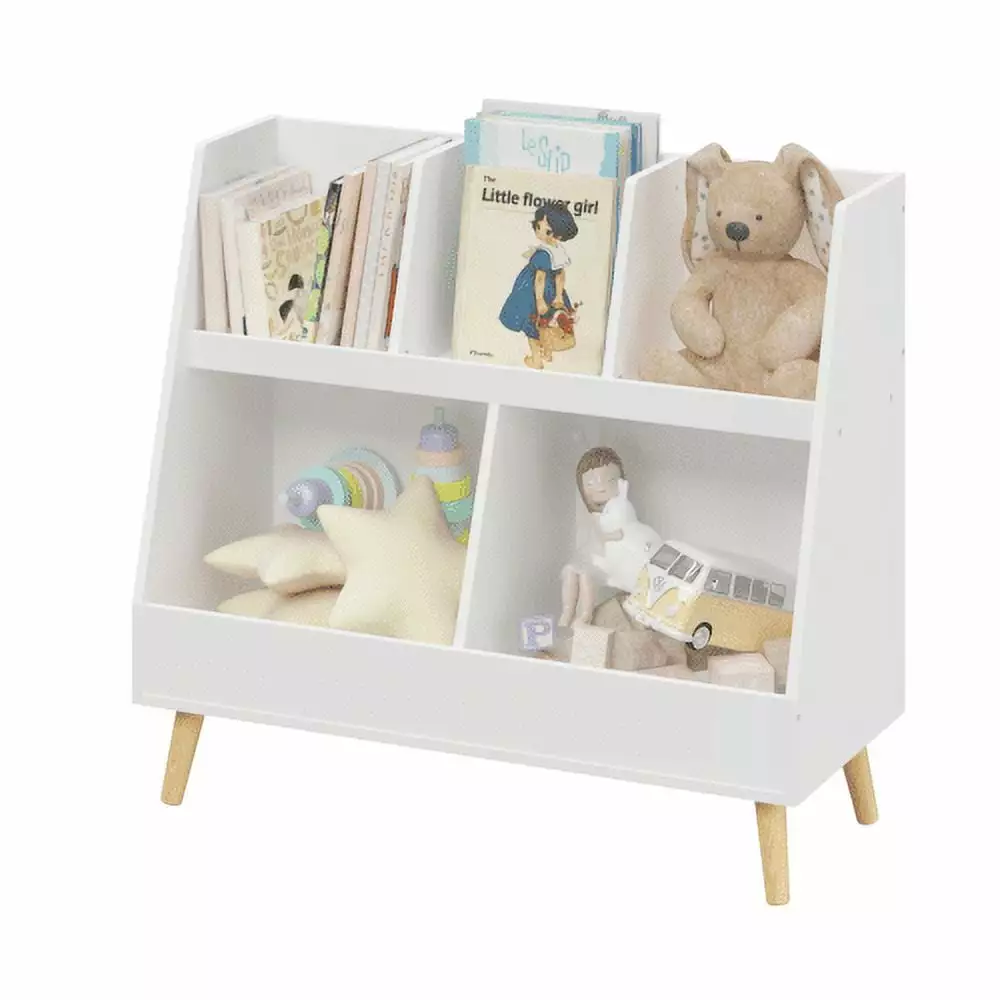 ZPL Kids Bookshelf and Toy Organizer. 5 Cubbies Wooden Open Bookcase. 2-Tier Baby Storage Display Organizer with Legs. Free Standing for Playing Room. Bedroom. Nursery. Classroom